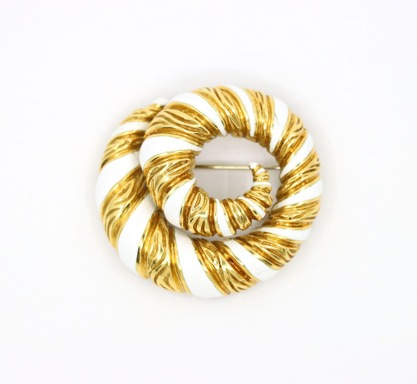 Vintage David Webb 18K Gold White Enamel Swirl Brooch