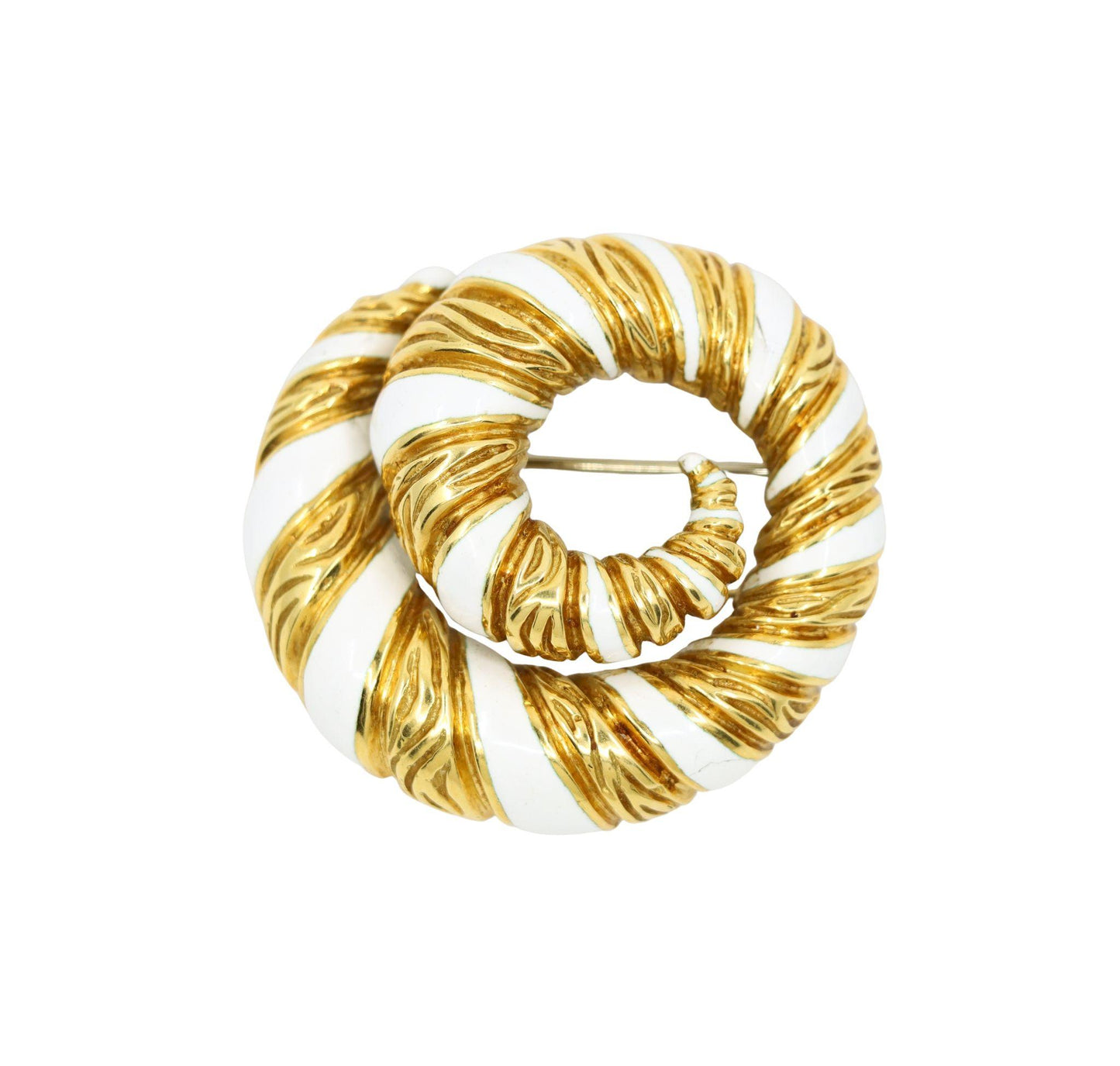 Vintage David Webb 18K Gold White Enamel Swirl Brooch
