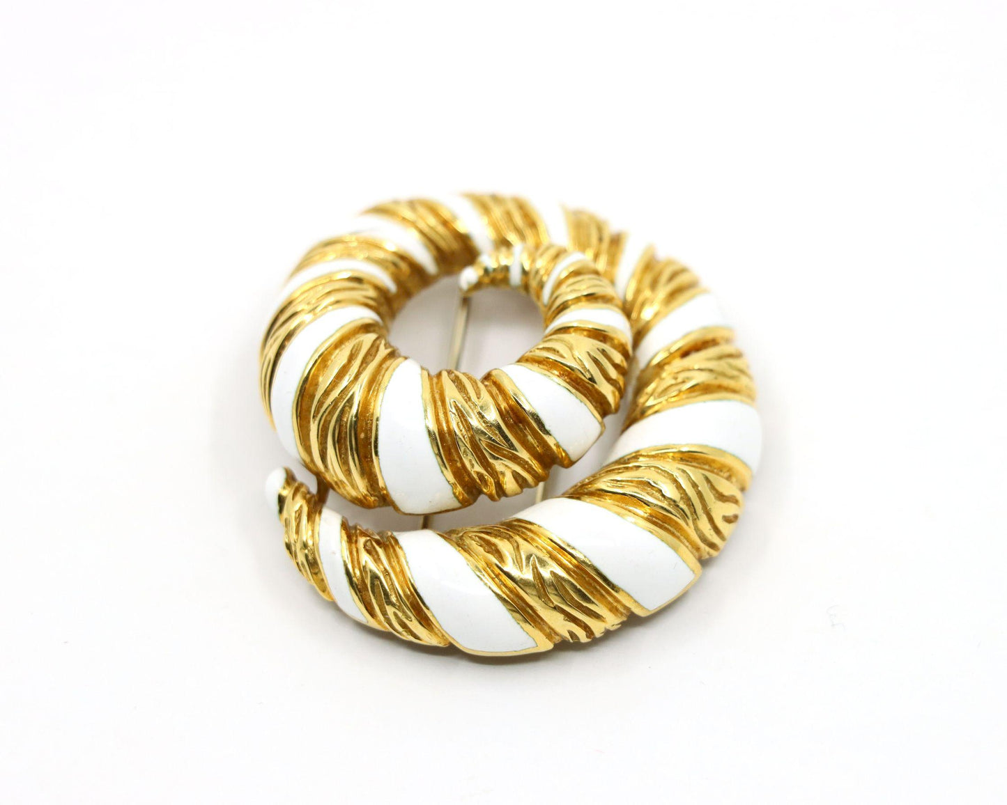 Vintage David Webb 18K Gold White Enamel Swirl Brooch