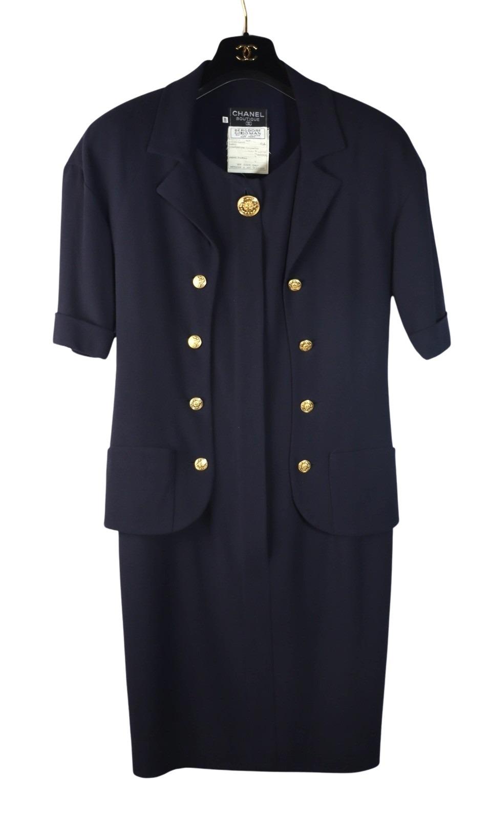 classic chanel dress Vintage Chanel Navy Short Sleeve Dress Suit – Jewelry Grove
