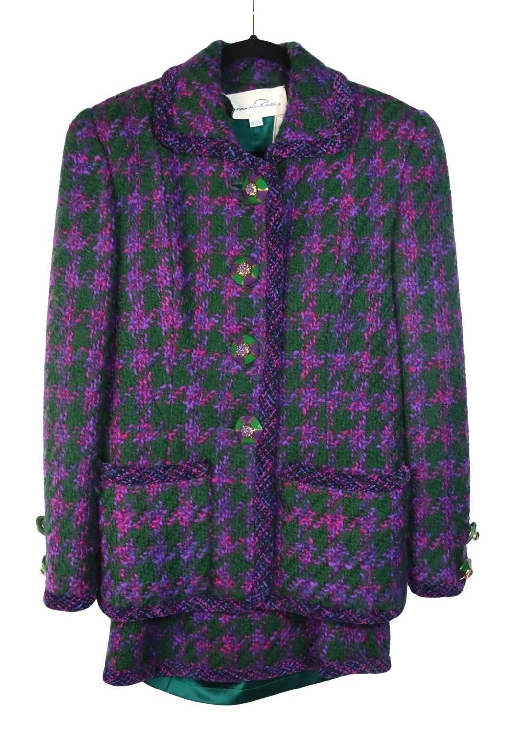 Vintage Oscar De La Renta Purple & Green Tweed Jacket & Skirt Suit