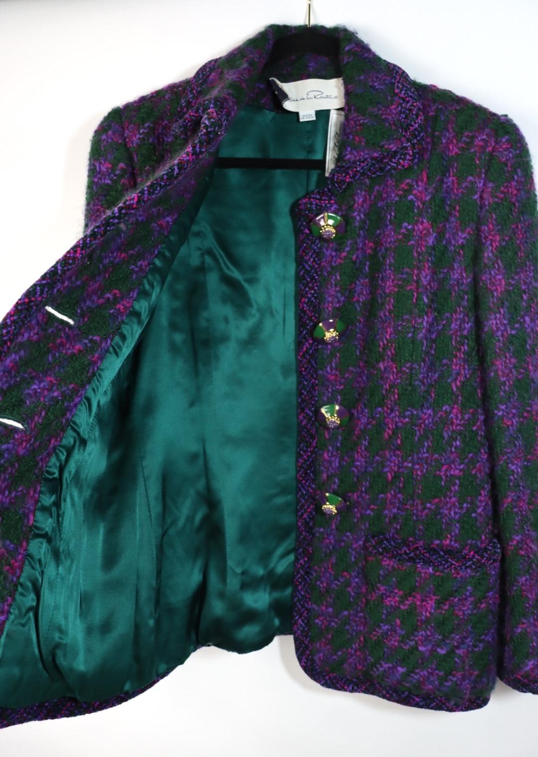 Vintage Oscar De La Renta Purple & Green Tweed Jacket & Skirt Suit
