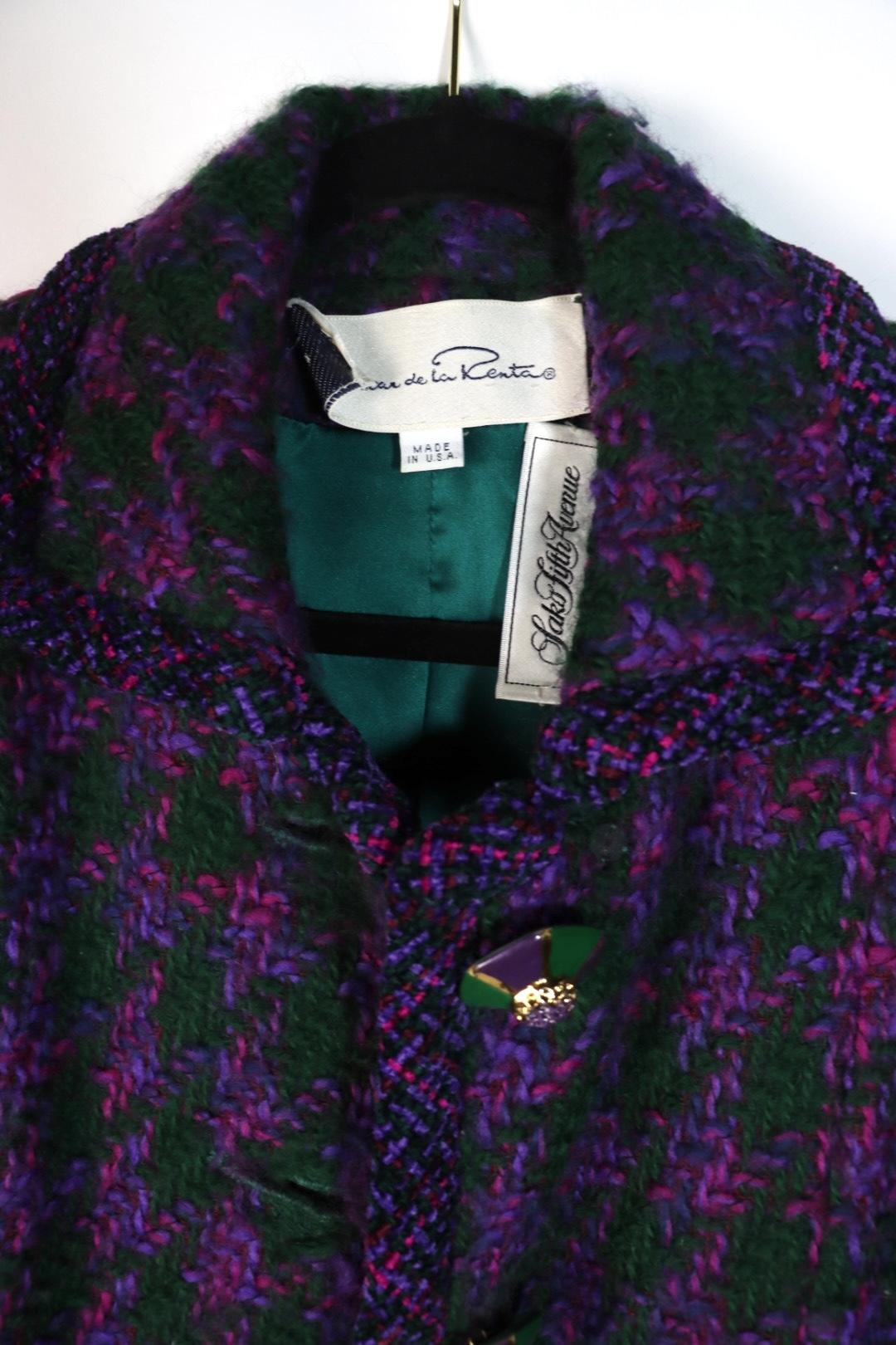Vintage Oscar De La Renta Purple & Green Tweed Jacket & Skirt Suit