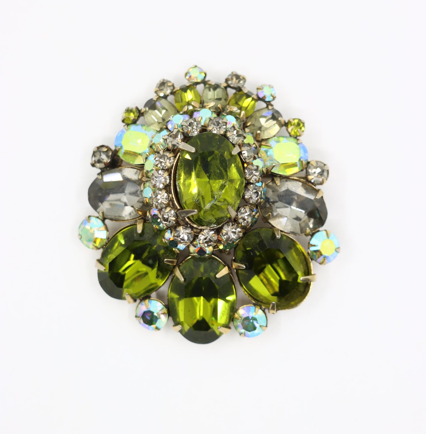 Vintage Schreiner Gold Tone Green Crystal Rhinestone Brooch
