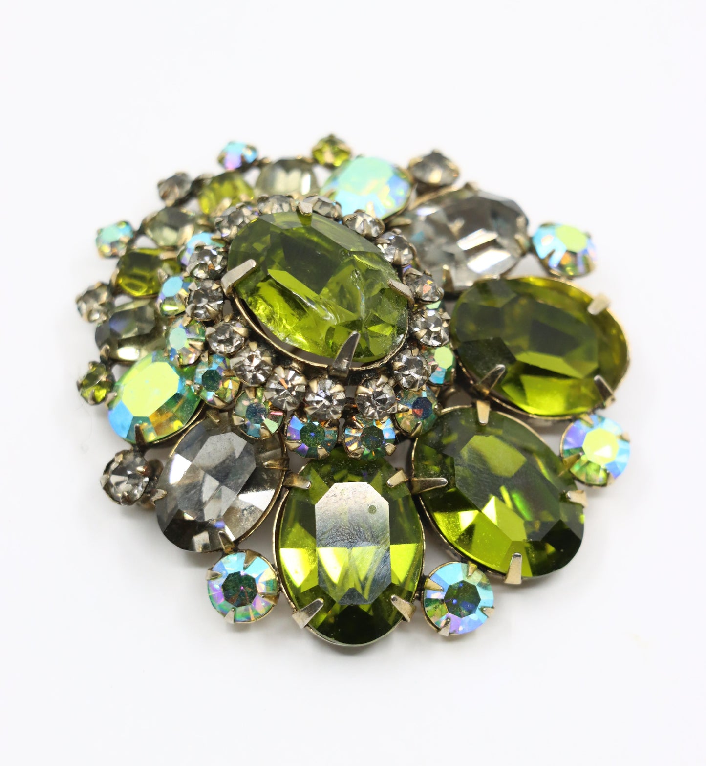 Vintage Schreiner Gold Tone Green Crystal Rhinestone Brooch