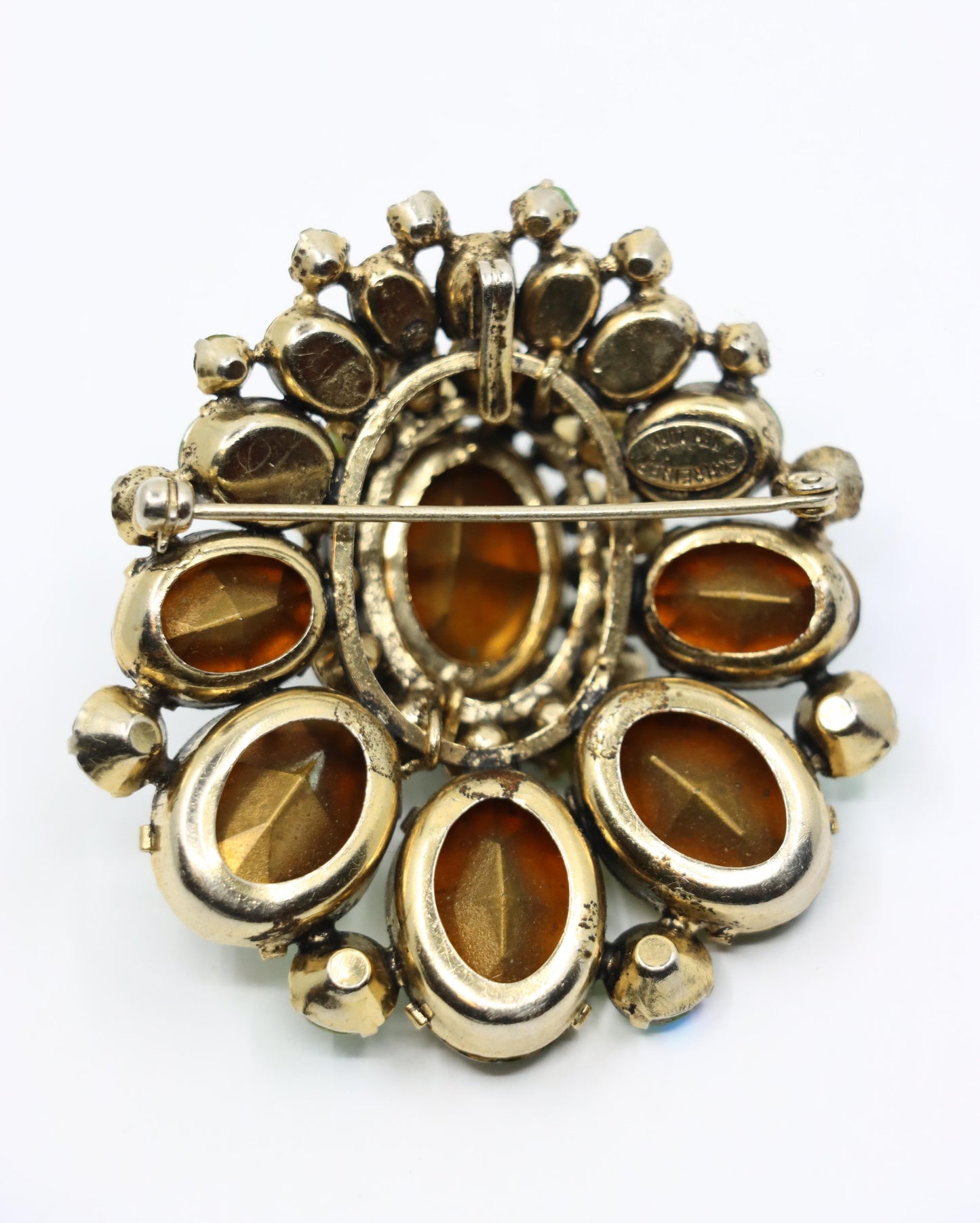 Vintage Schreiner Gold Tone Green Crystal Rhinestone Brooch