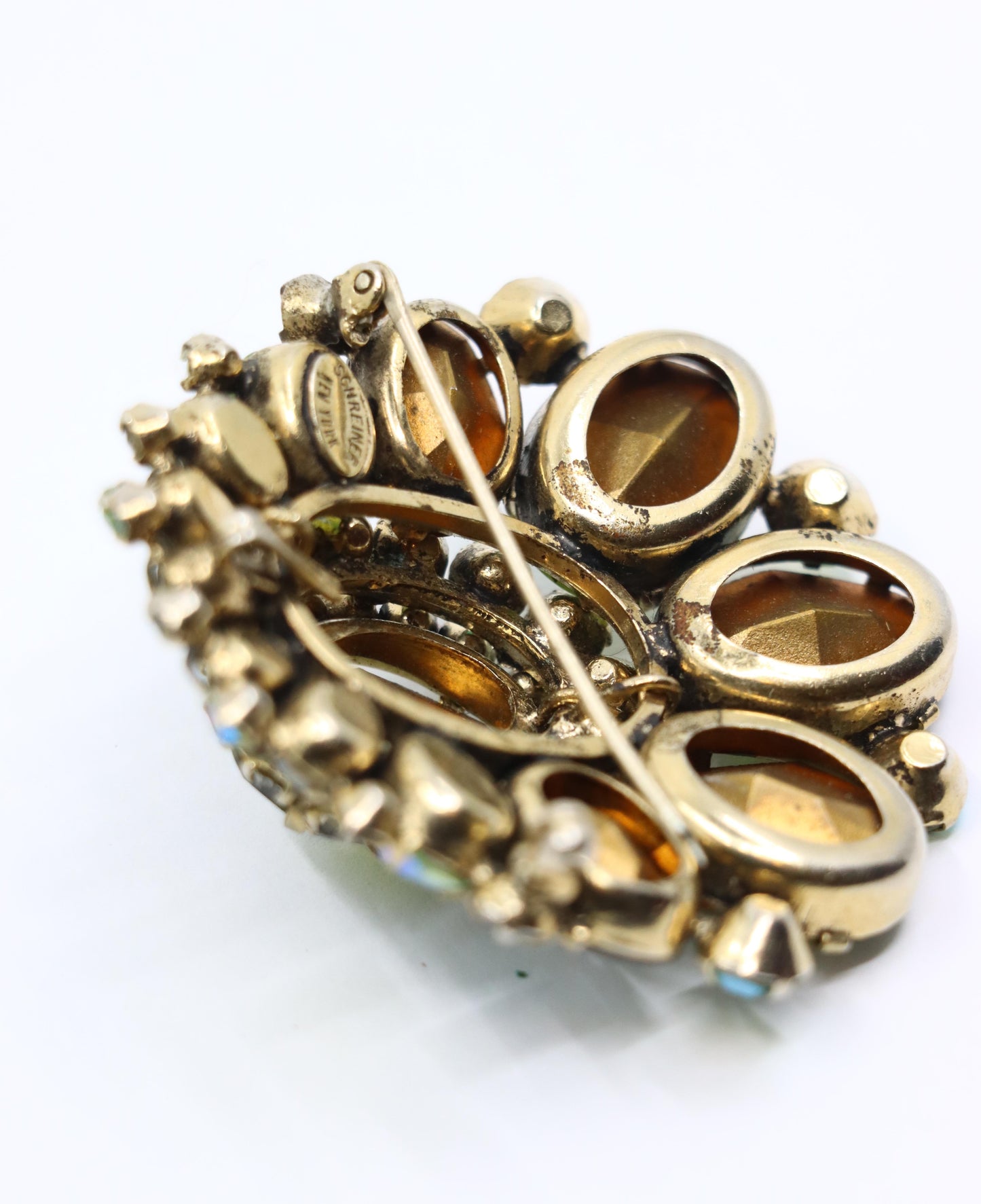 Vintage Schreiner Gold Tone Green Crystal Rhinestone Brooch