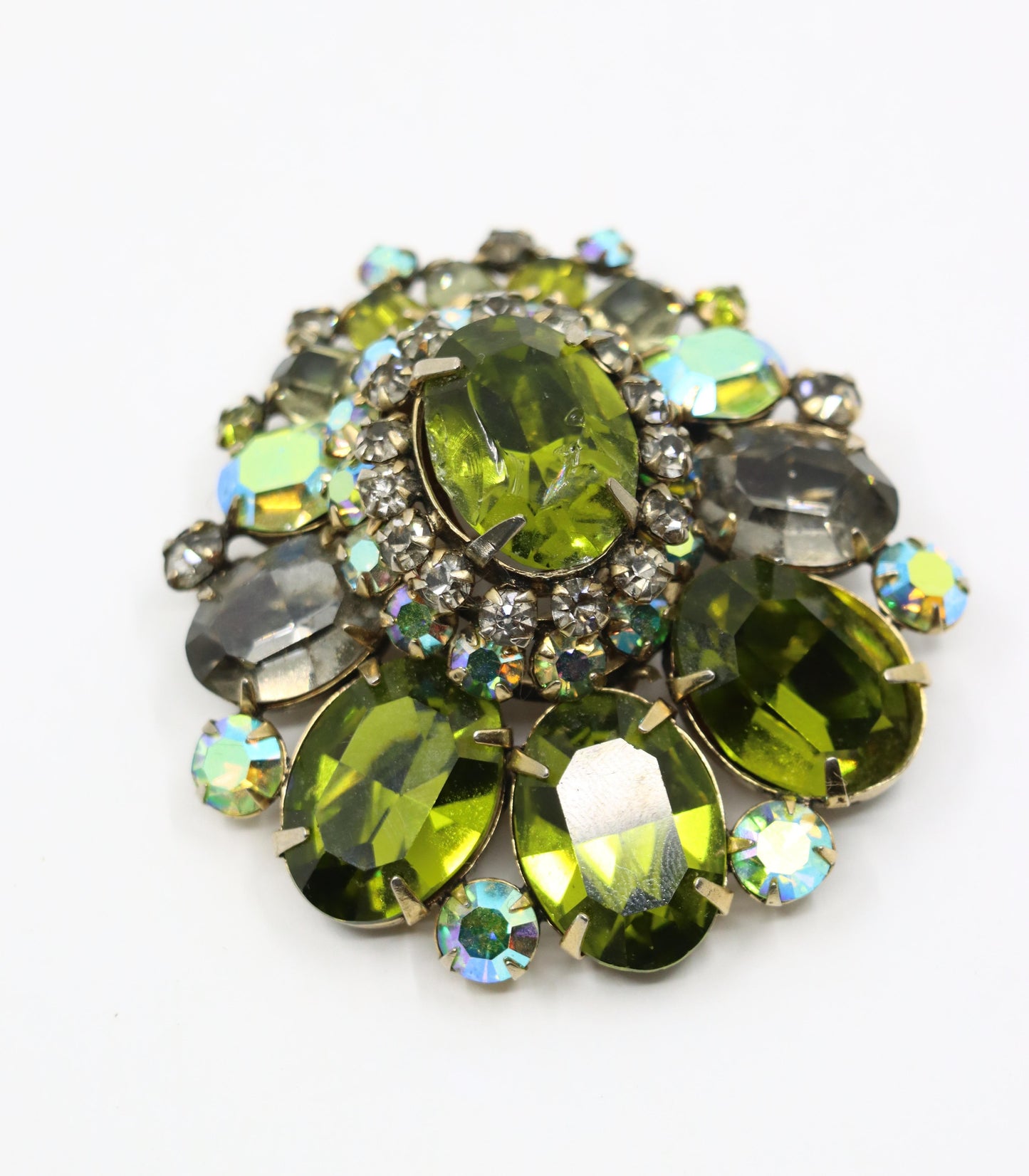 Vintage Schreiner Gold Tone Green Crystal Rhinestone Brooch