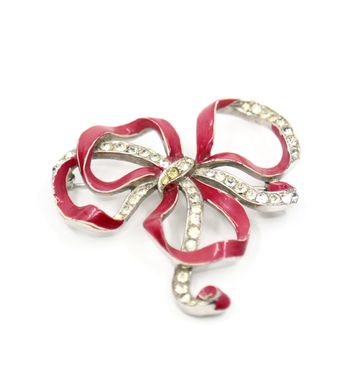 Vintage Trifari Silver Tone Pink Enamel Rhinestone Brooch