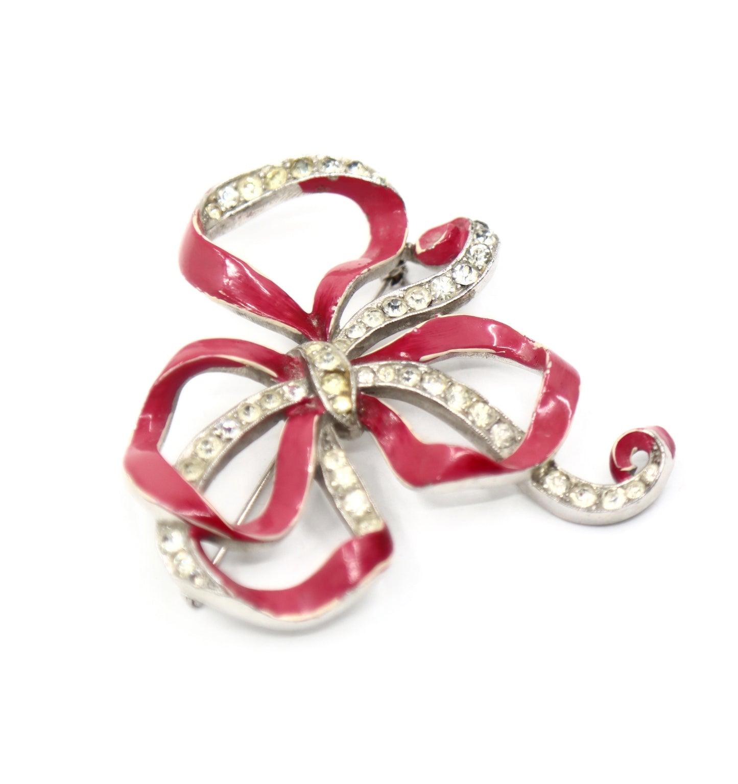 Vintage Trifari Silver Tone Pink Enamel Rhinestone Brooch