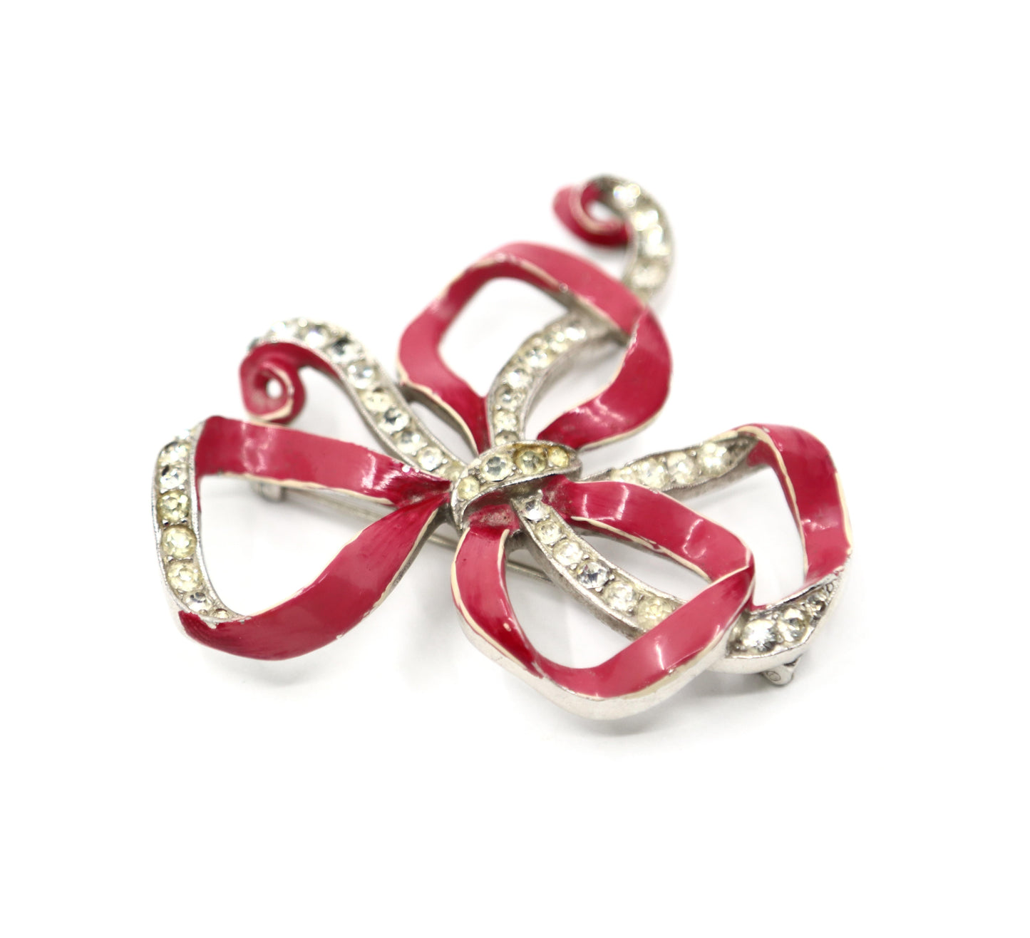 Vintage Trifari Silver Tone Pink Enamel Rhinestone Brooch
