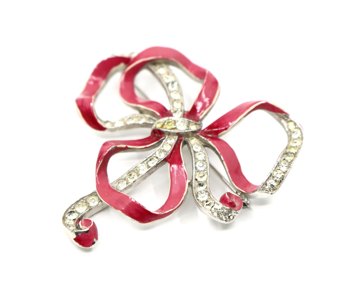 Vintage Trifari Silver Tone Pink Enamel Rhinestone Brooch