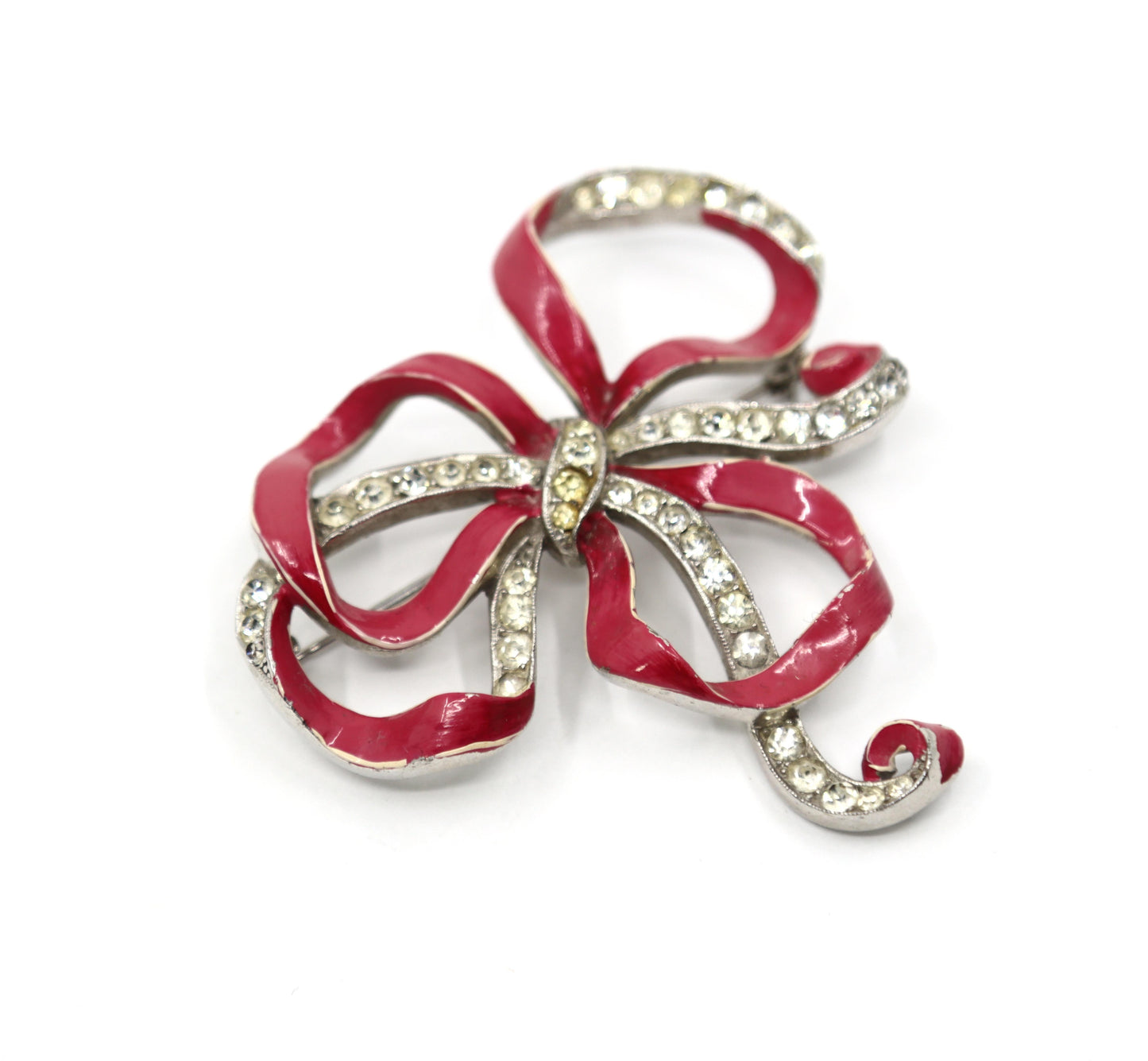 Vintage Trifari Silver Tone Pink Enamel Rhinestone Brooch