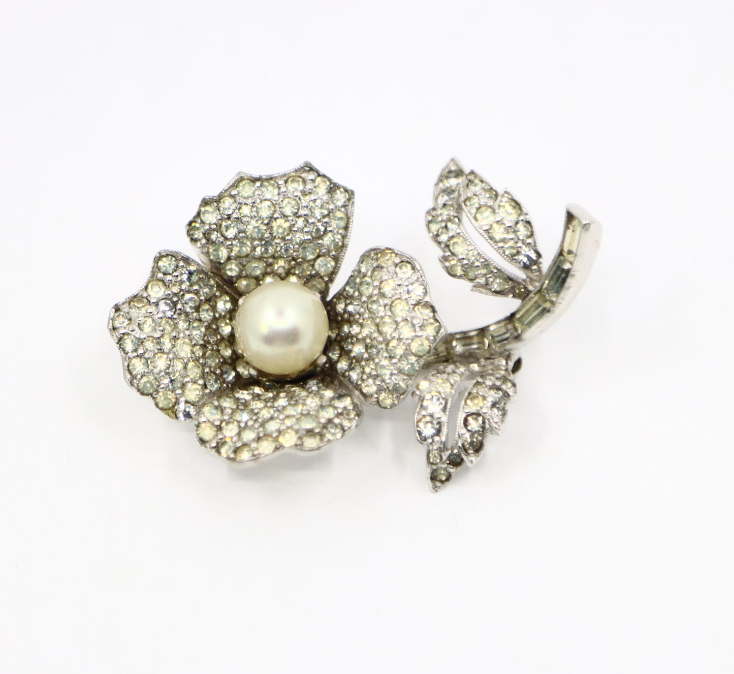 Vintage Jomaz Silver Tone Rhinestone Faux Pearl Brooch