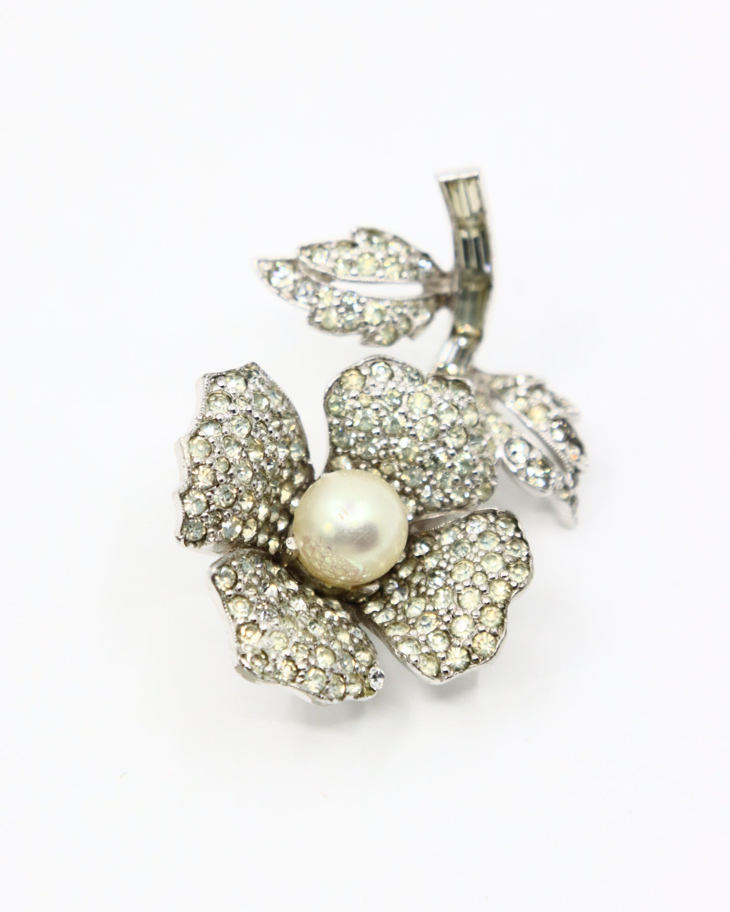 Vintage Jomaz Silver Tone Rhinestone Faux Pearl Brooch