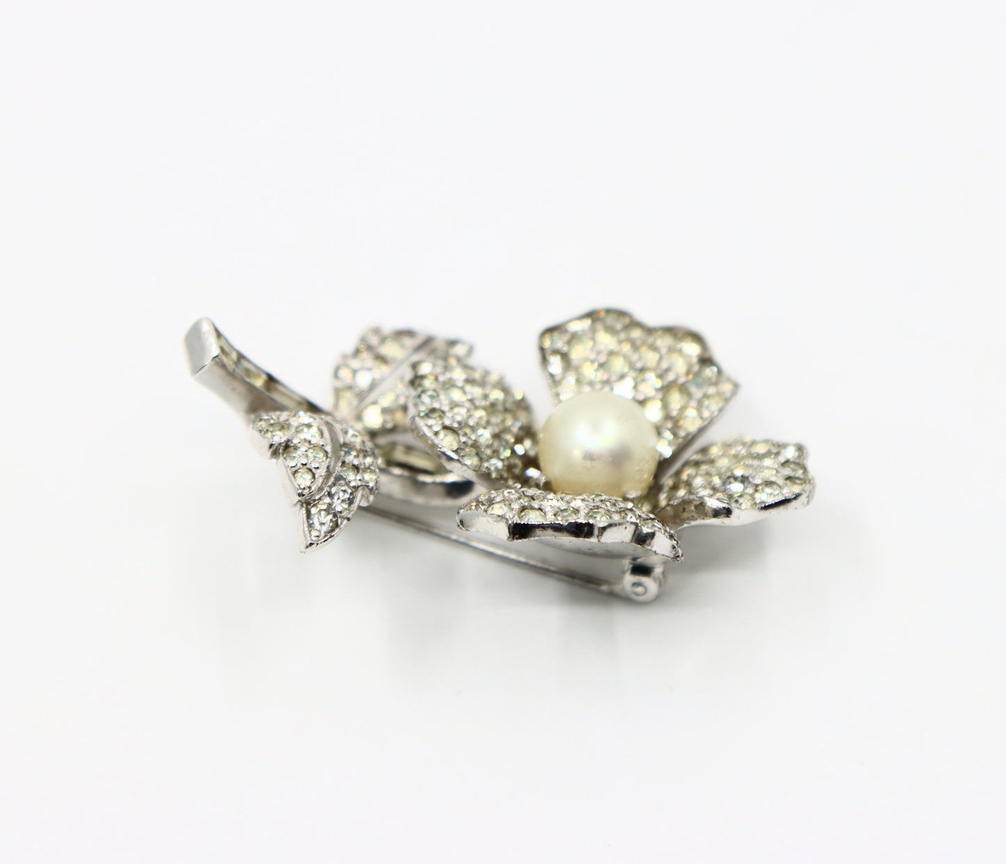 Vintage Jomaz Silver Tone Rhinestone Faux Pearl Brooch