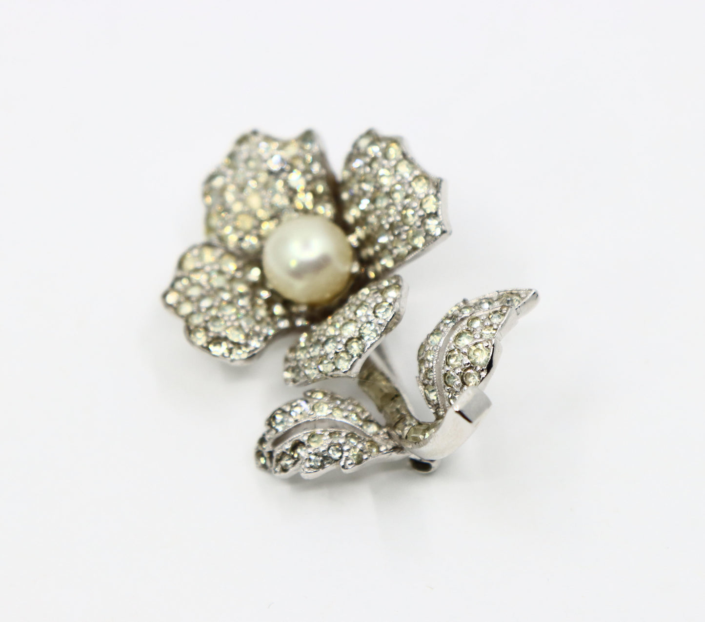 Vintage Jomaz Silver Tone Rhinestone Faux Pearl Brooch