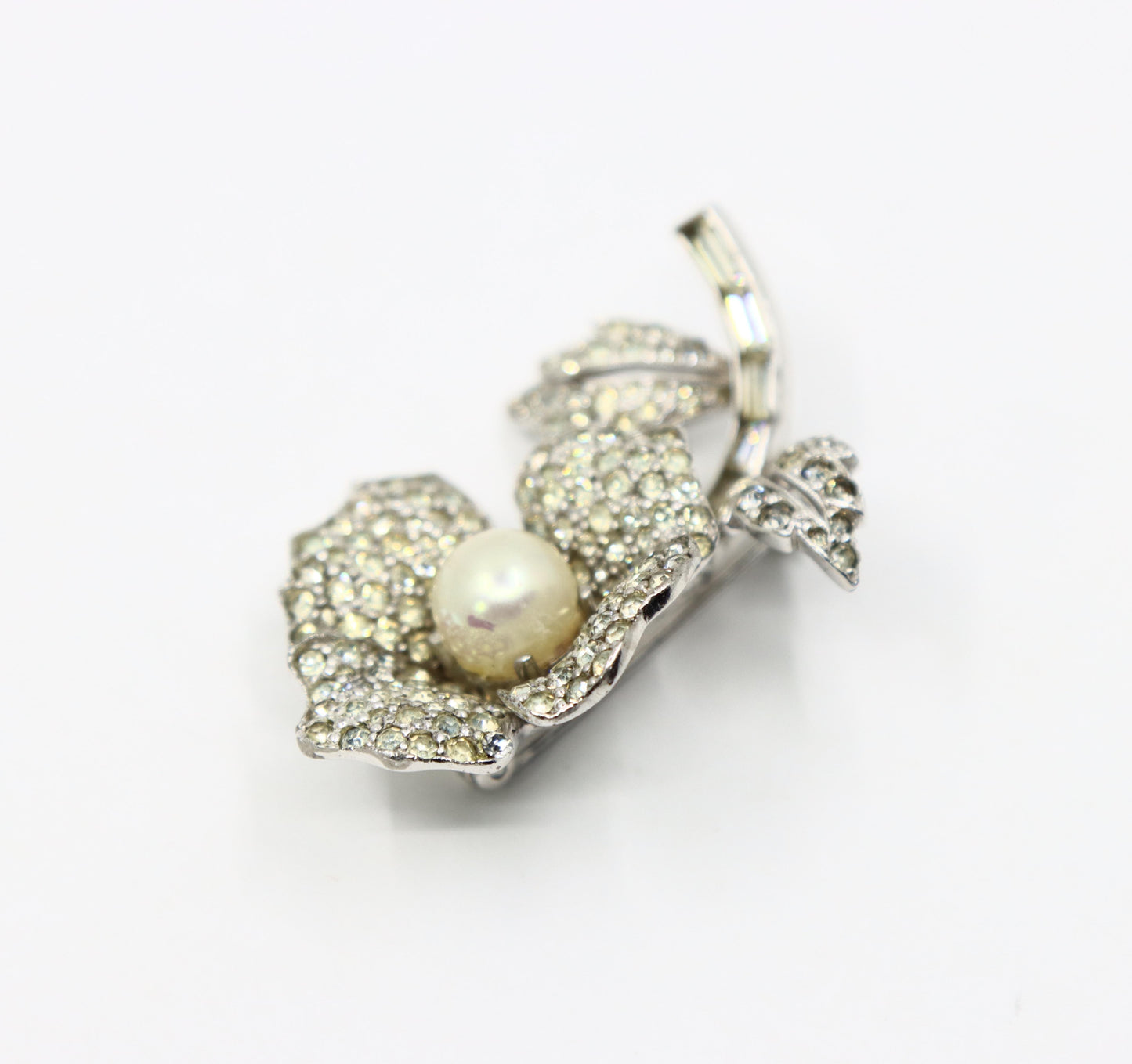 Vintage Jomaz Silver Tone Rhinestone Faux Pearl Brooch