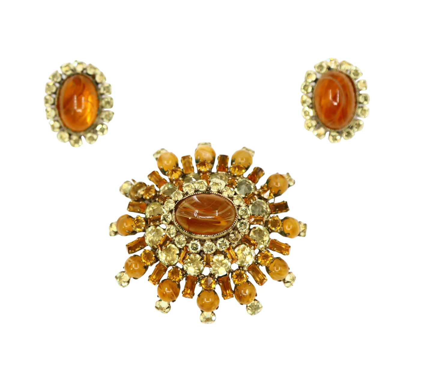 Vintage Schreiner Gold Tone Brown & Yellow Rhinestone Earrings & Brooch Set