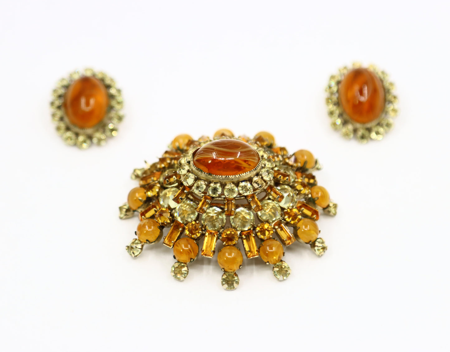 Vintage Schreiner Gold Tone Brown & Yellow Rhinestone Earrings & Brooch Set