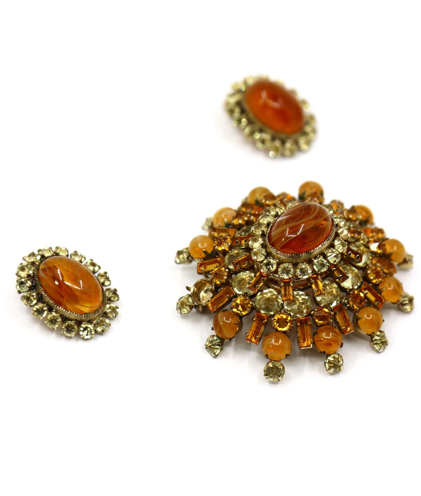 Vintage Schreiner Gold Tone Brown & Yellow Rhinestone Earrings & Brooch Set