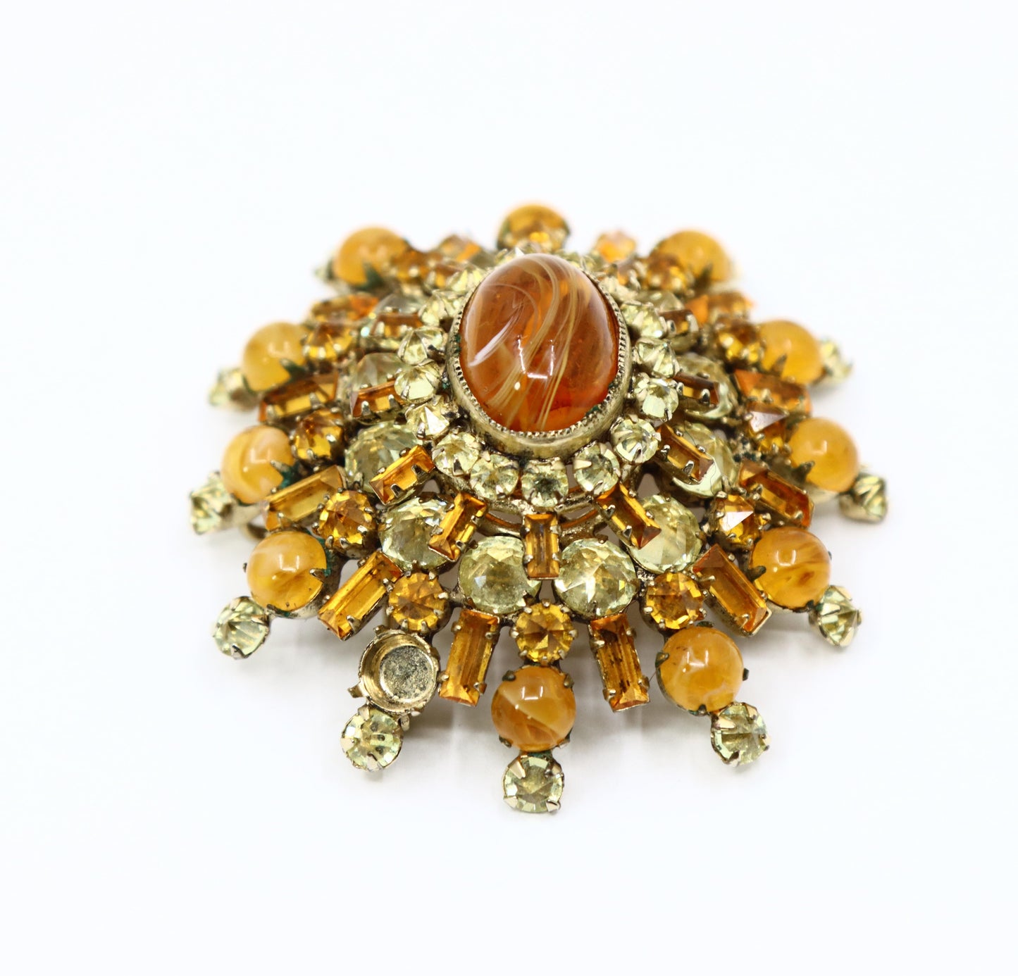 Vintage Schreiner Gold Tone Brown & Yellow Rhinestone Earrings & Brooch Set