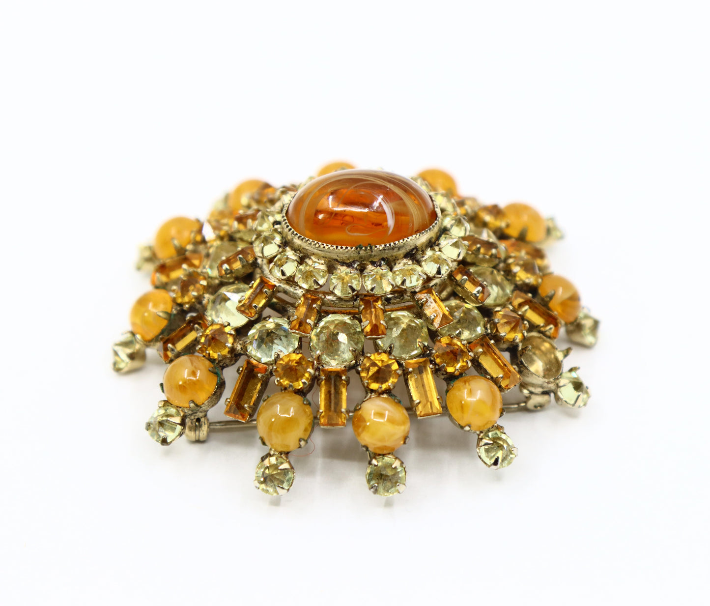 Vintage Schreiner Gold Tone Brown & Yellow Rhinestone Earrings & Brooch Set