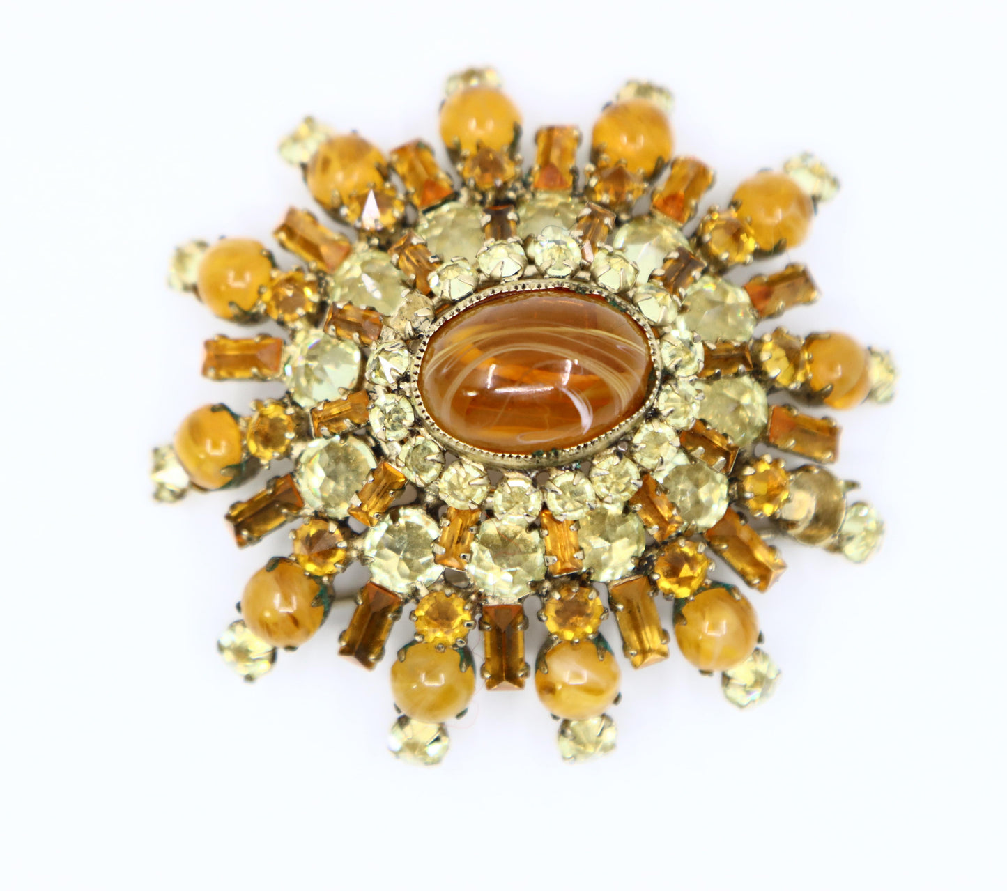 Vintage Schreiner Gold Tone Brown & Yellow Rhinestone Earrings & Brooch Set
