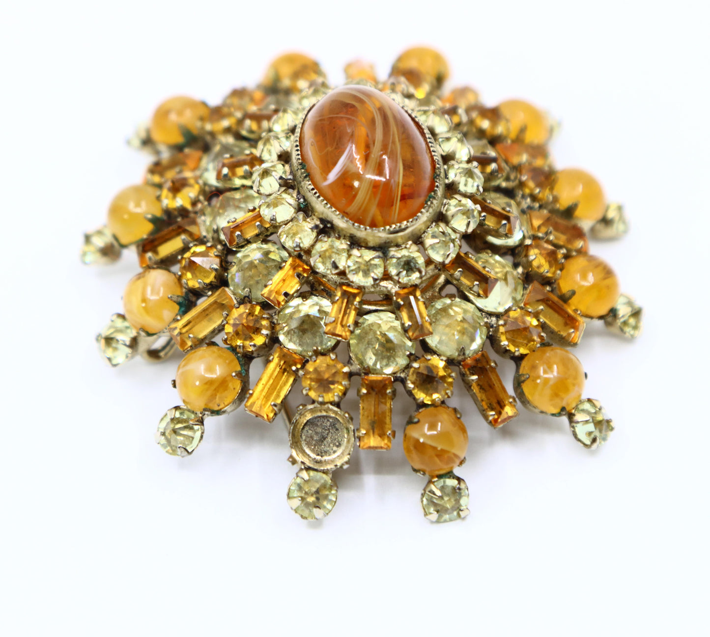 Vintage Schreiner Gold Tone Brown & Yellow Rhinestone Earrings & Brooch Set