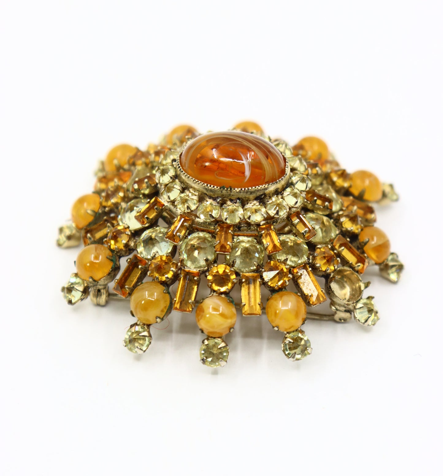 Vintage Schreiner Gold Tone Brown & Yellow Rhinestone Earrings & Brooch Set