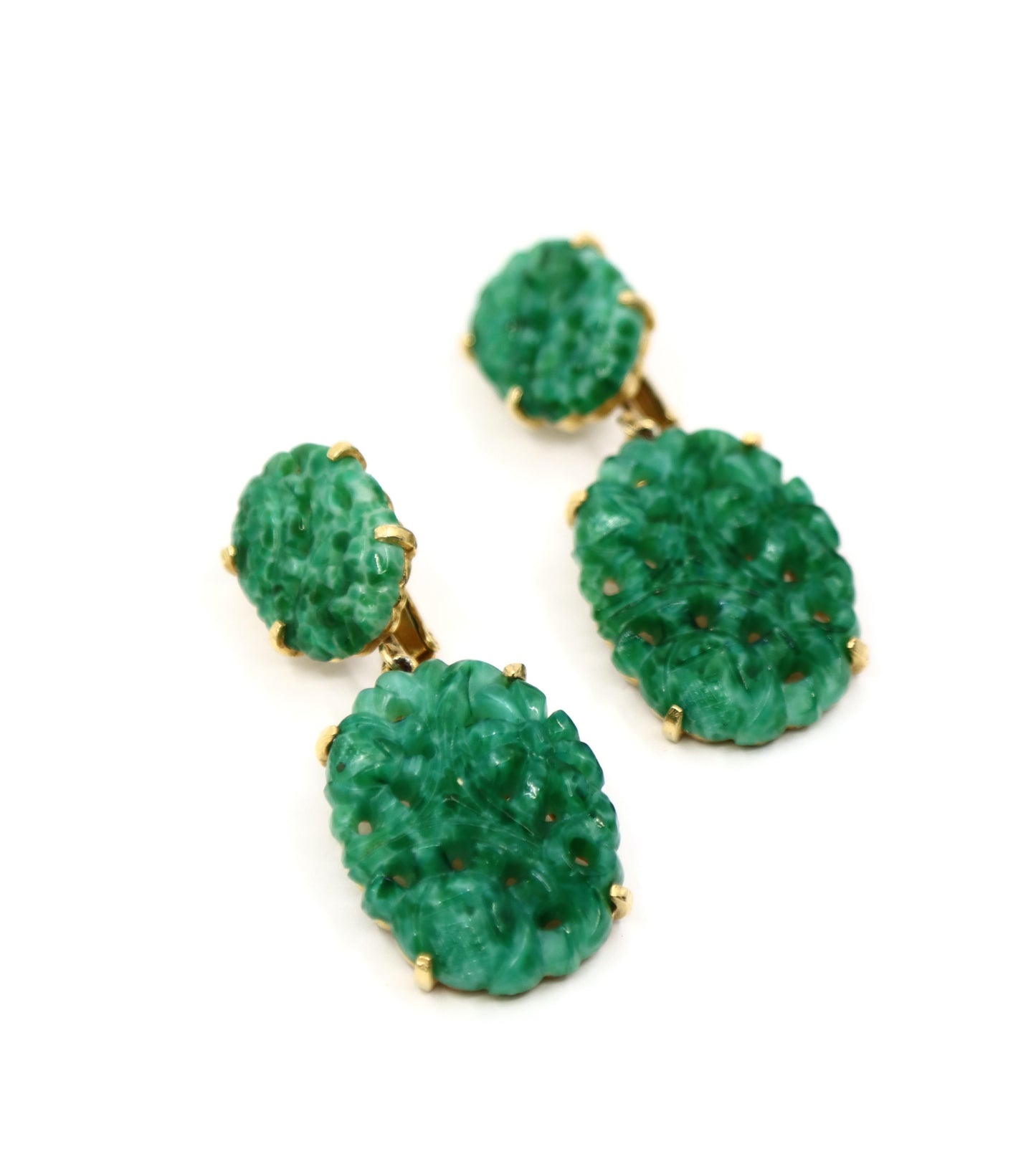 Vintage Marvel Gold Tone Engraved Faux Jade Earrings
