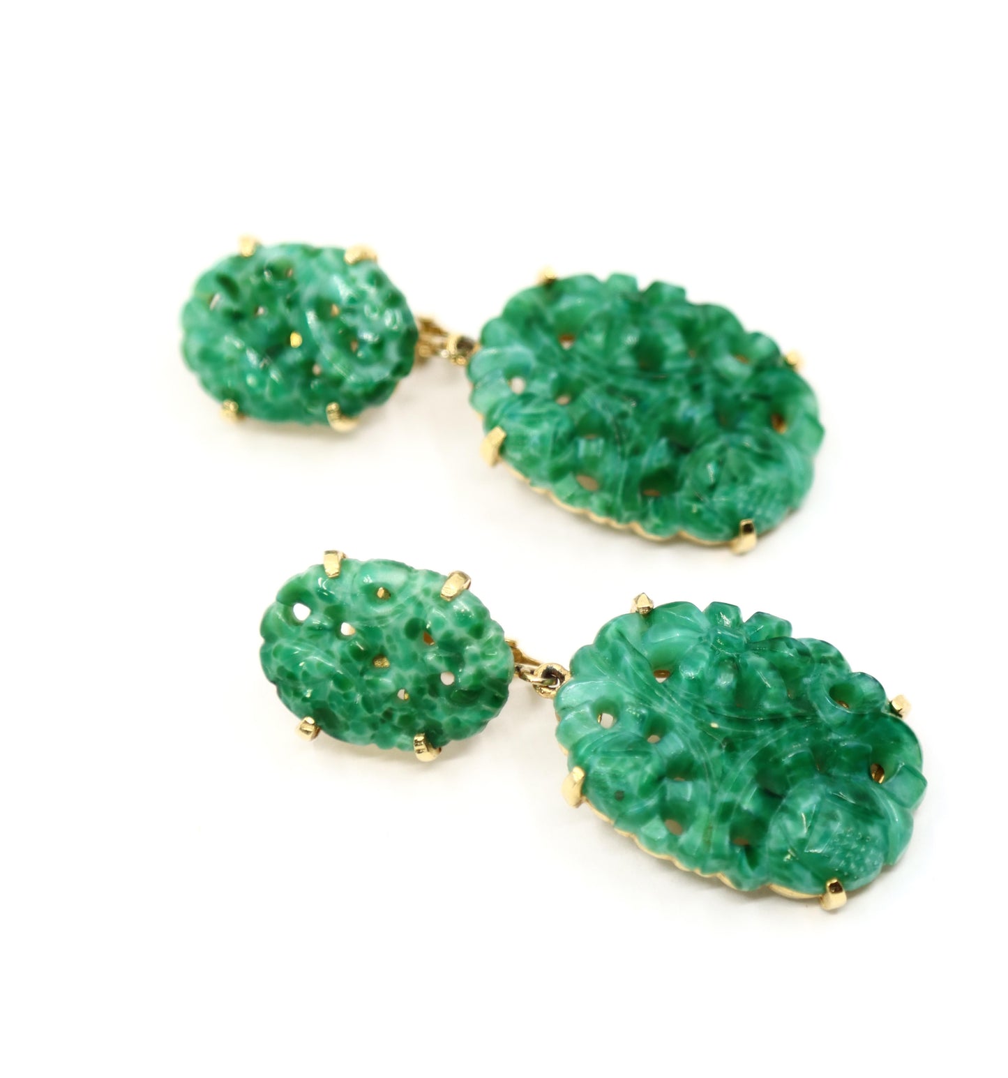 Vintage Marvel Gold Tone Engraved Faux Jade Earrings
