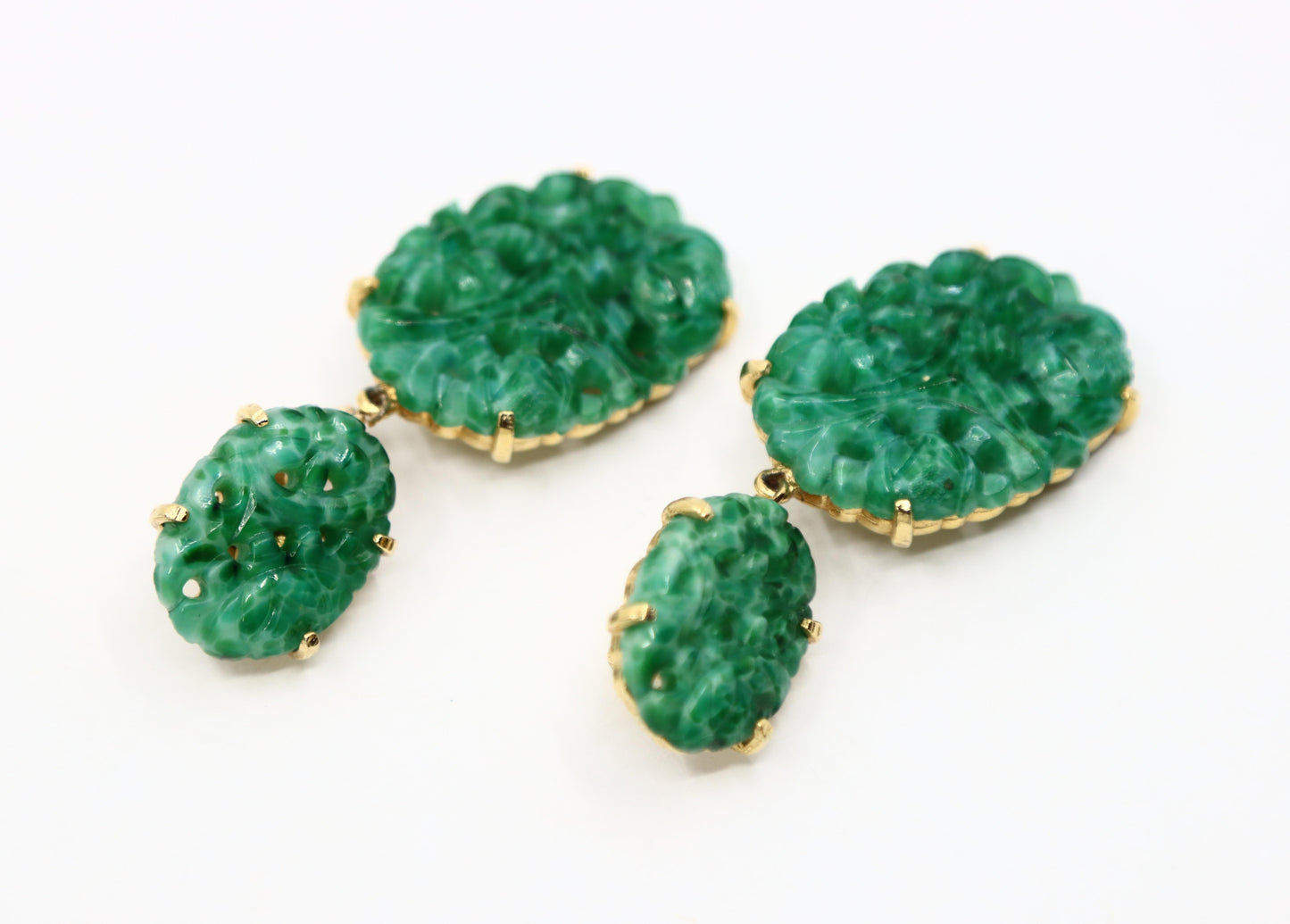 Vintage Marvel Gold Tone Engraved Faux Jade Earrings