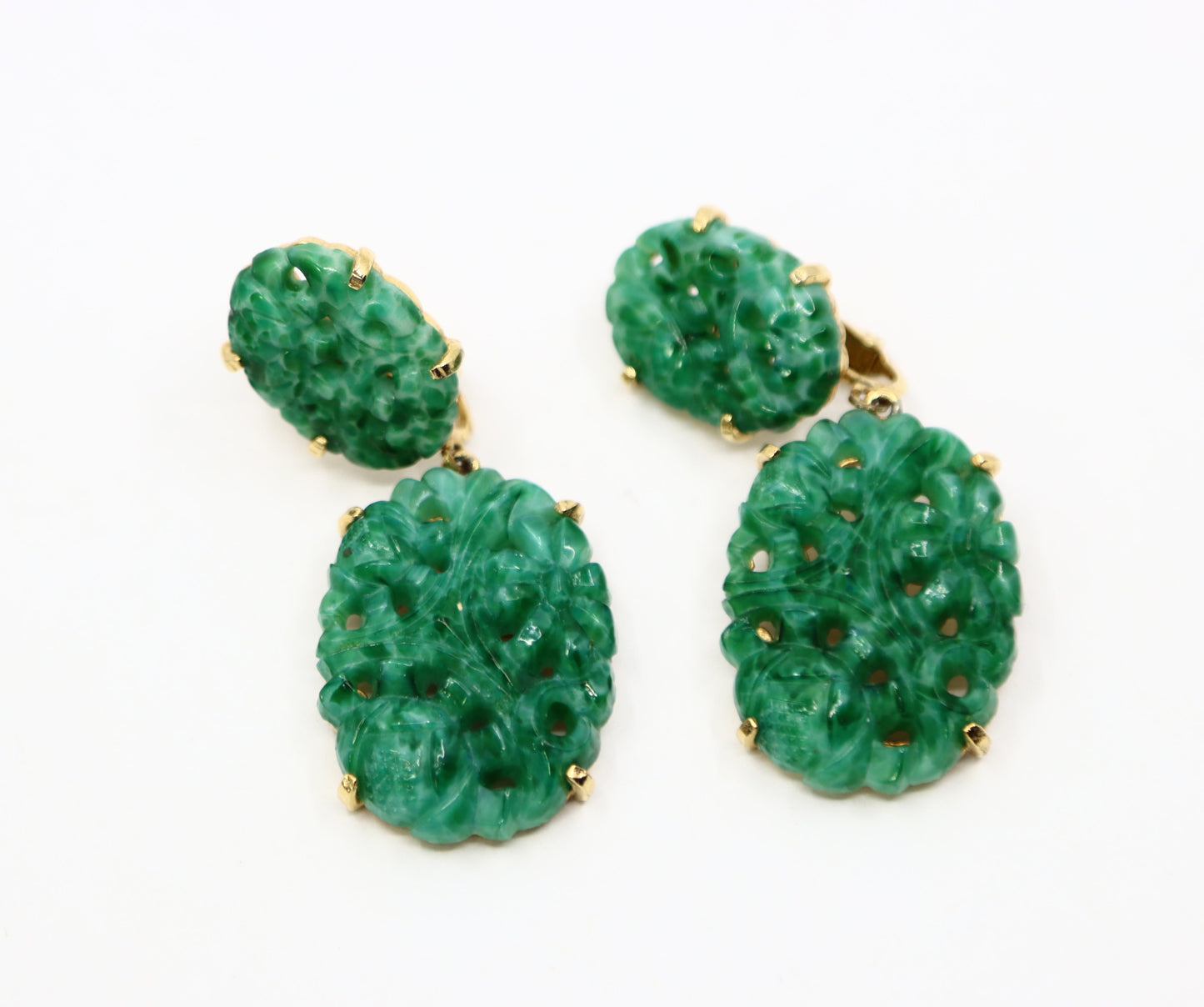 Vintage Marvel Gold Tone Engraved Faux Jade Earrings