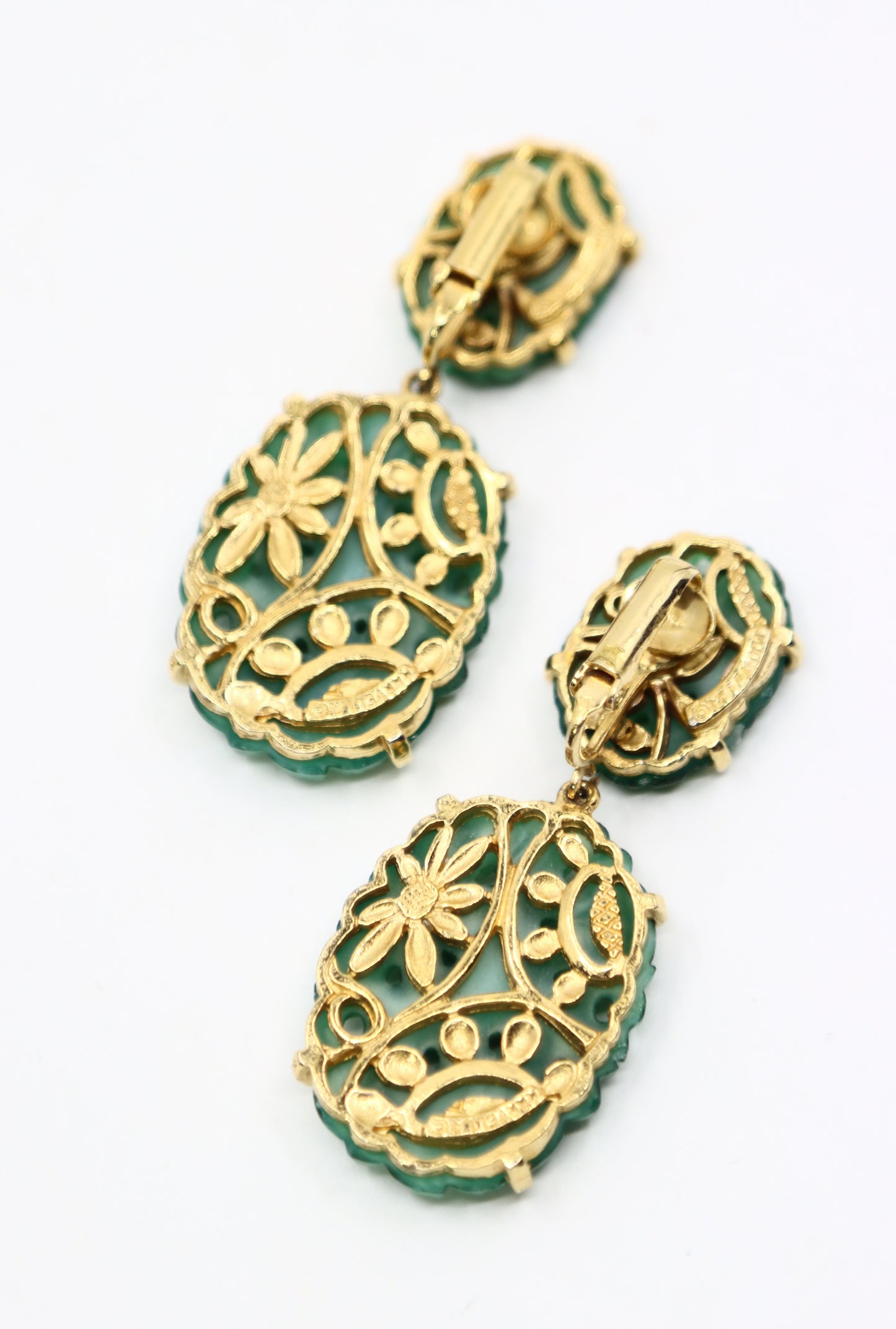 Vintage Marvel Gold Tone Engraved Faux Jade Earrings