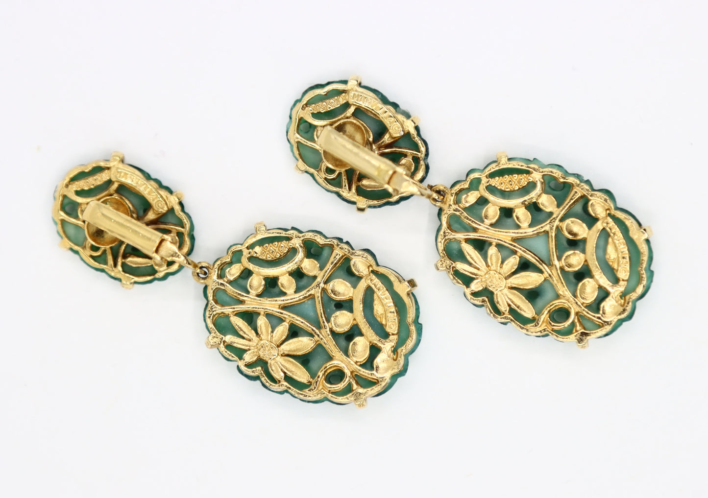 Vintage Marvel Gold Tone Engraved Faux Jade Earrings