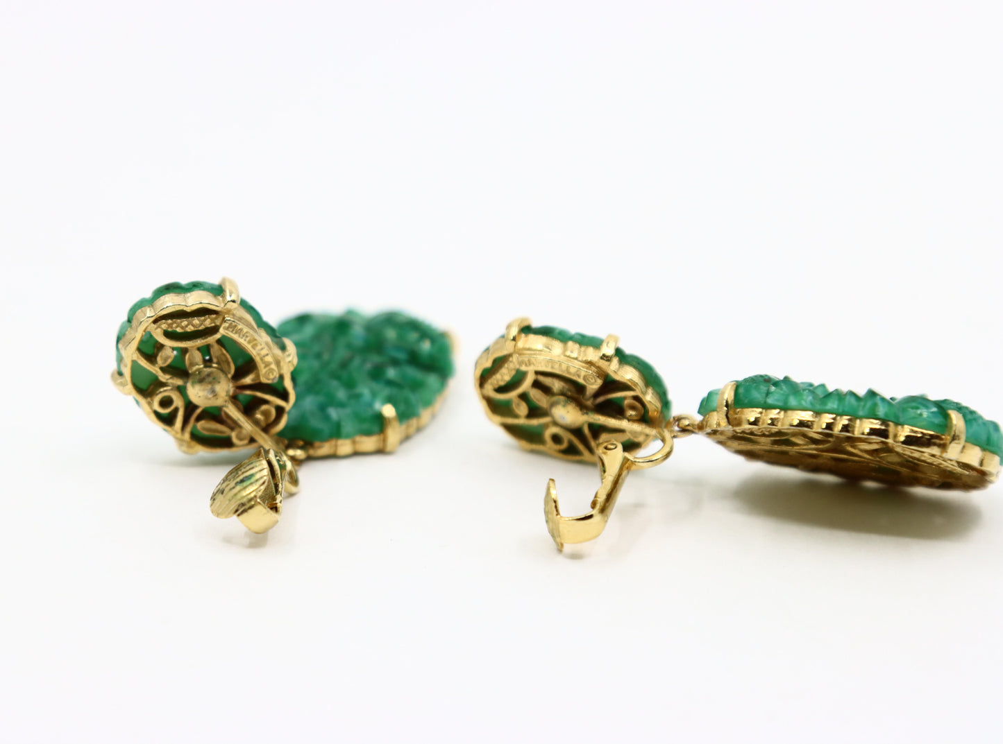 Vintage Marvel Gold Tone Engraved Faux Jade Earrings