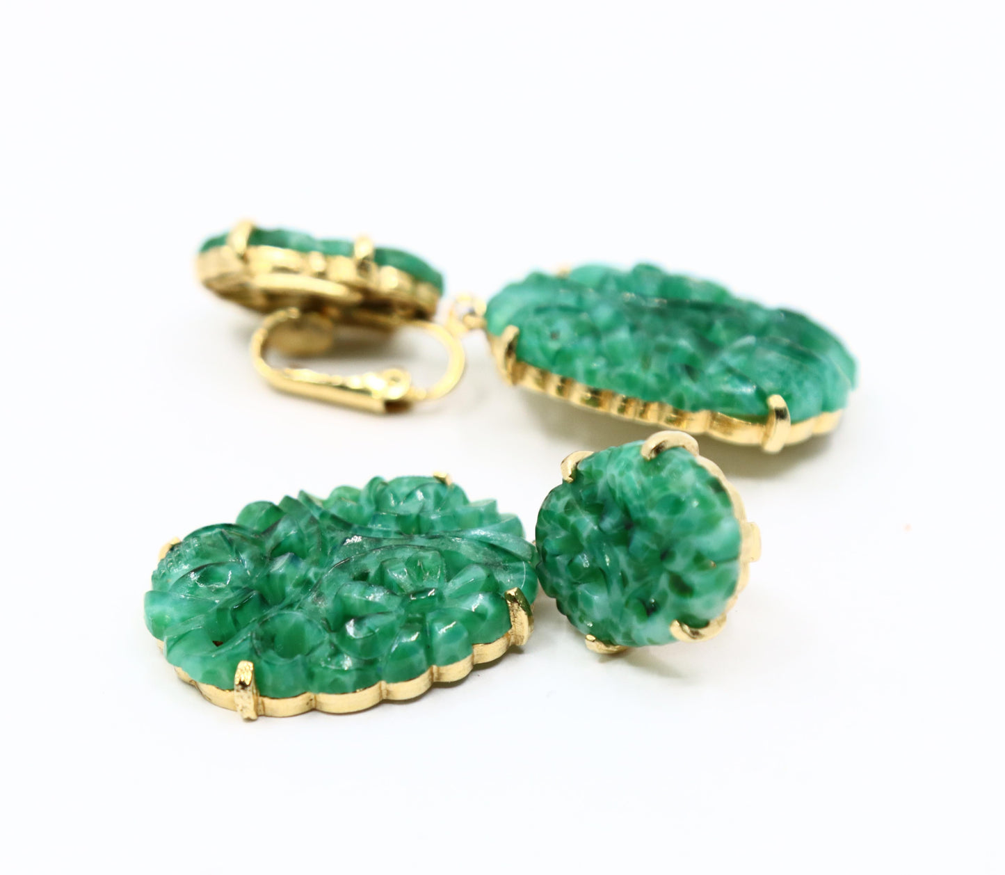 Vintage Marvel Gold Tone Engraved Faux Jade Earrings