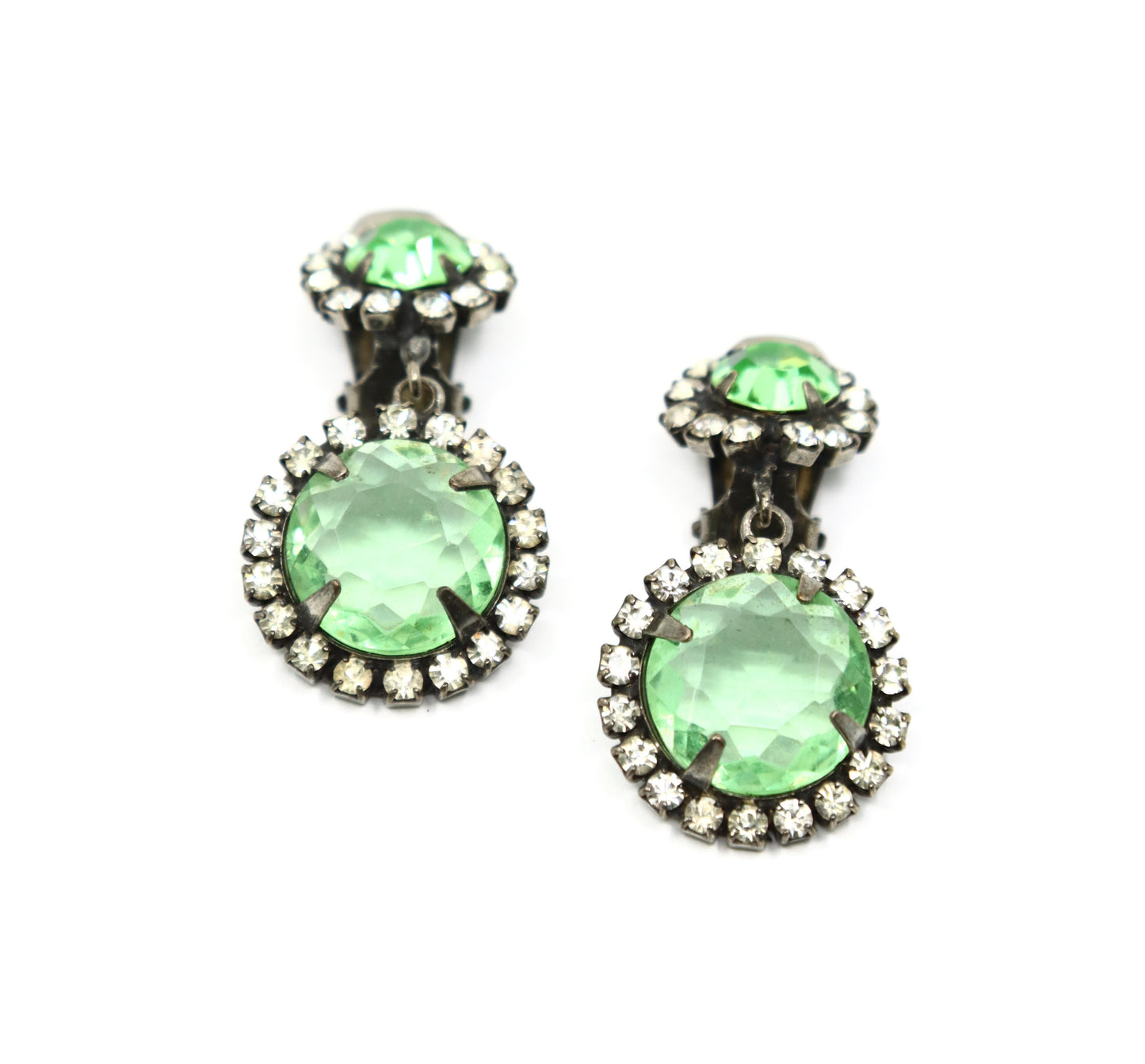 Vintage K.J.L Silver Tone Rhinestone Green Crystal Earrings