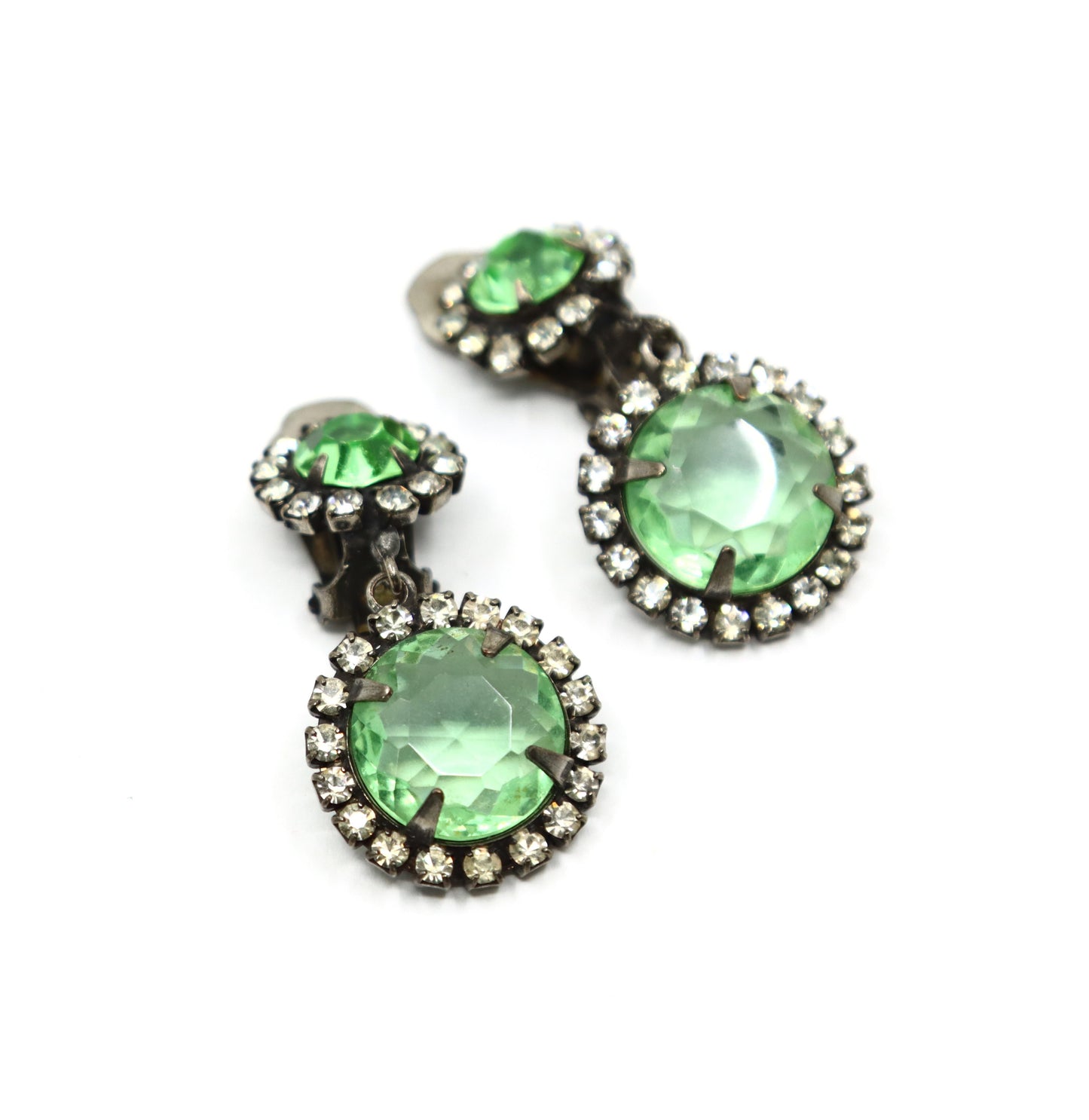 Vintage K.J.L Silver Tone Rhinestone Green Crystal Earrings