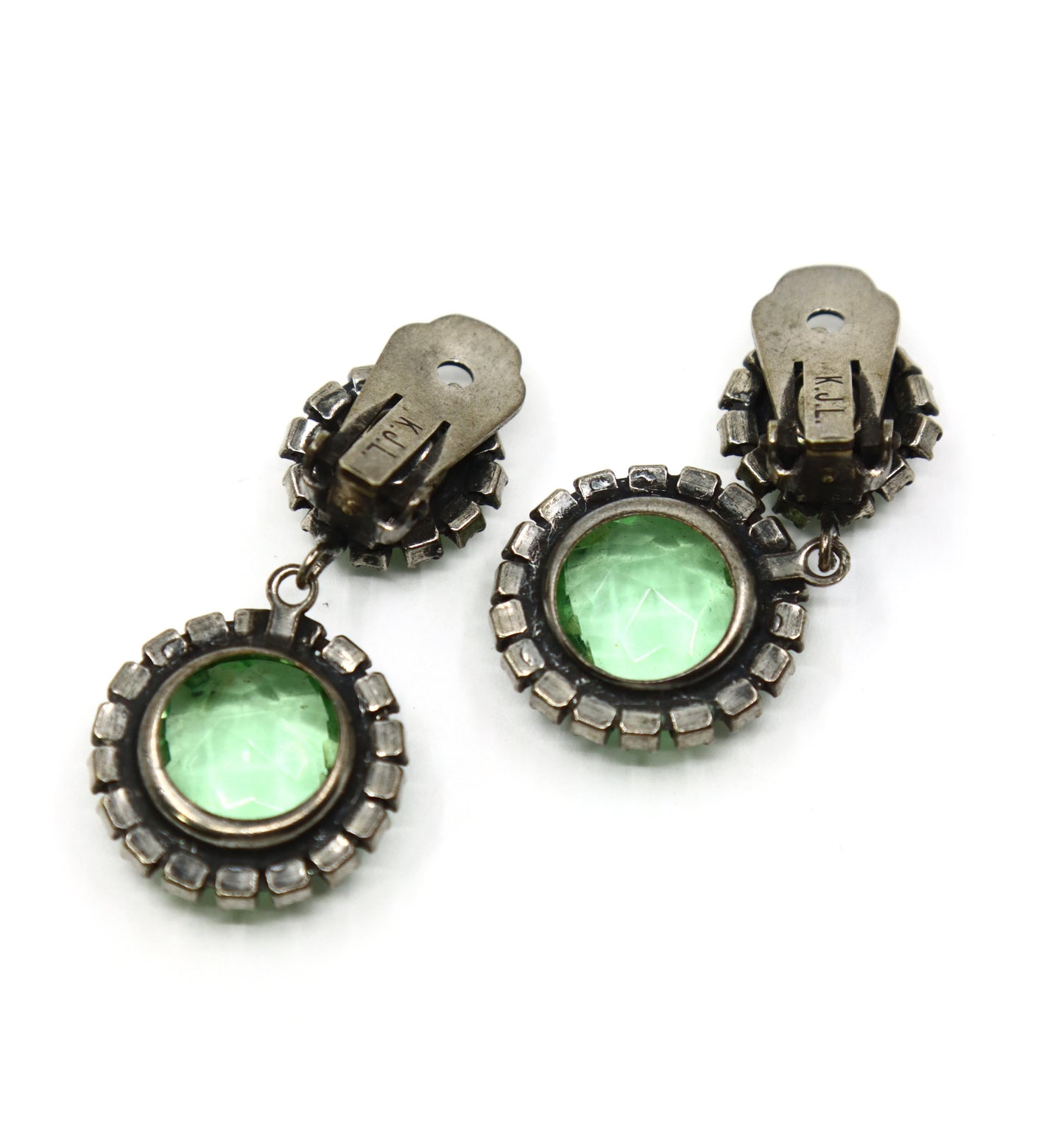 Vintage K.J.L Silver Tone Rhinestone Green Crystal Earrings