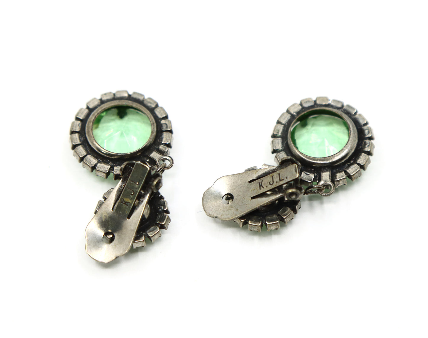 Vintage K.J.L Silver Tone Rhinestone Green Crystal Earrings