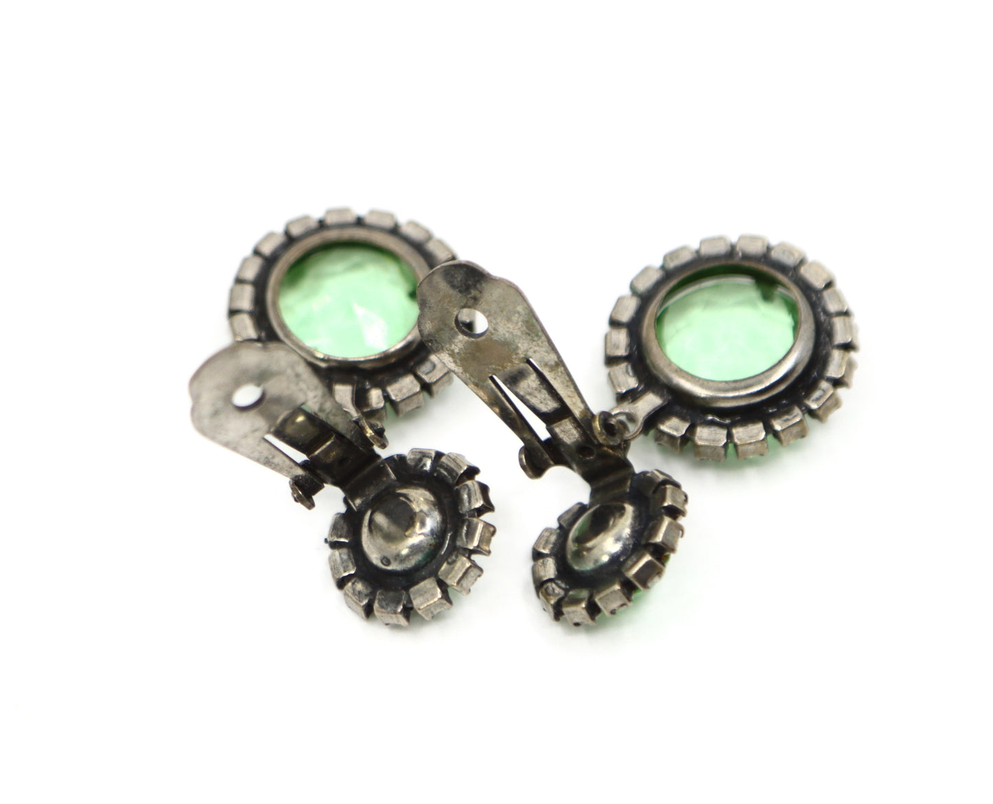 Vintage K.J.L Silver Tone Rhinestone Green Crystal Earrings