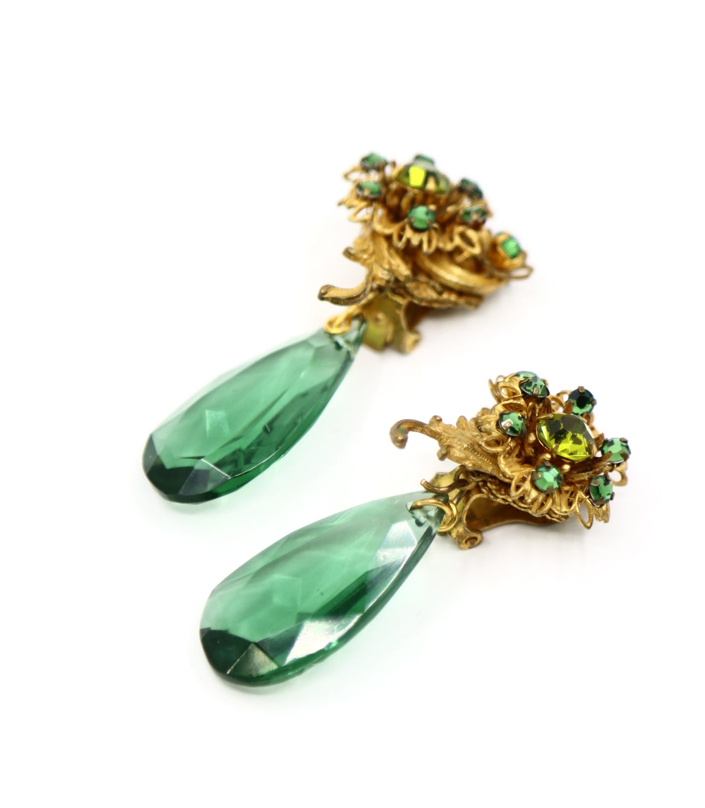 Vintage Miriam Haskell Gold Tone Rhinestone Green Crystal Earrings