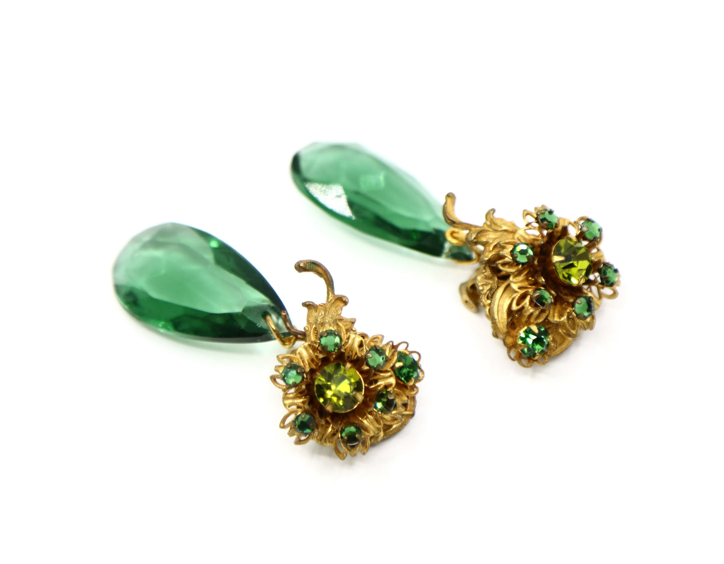 Vintage Miriam Haskell Gold Tone Rhinestone Green Crystal Earrings