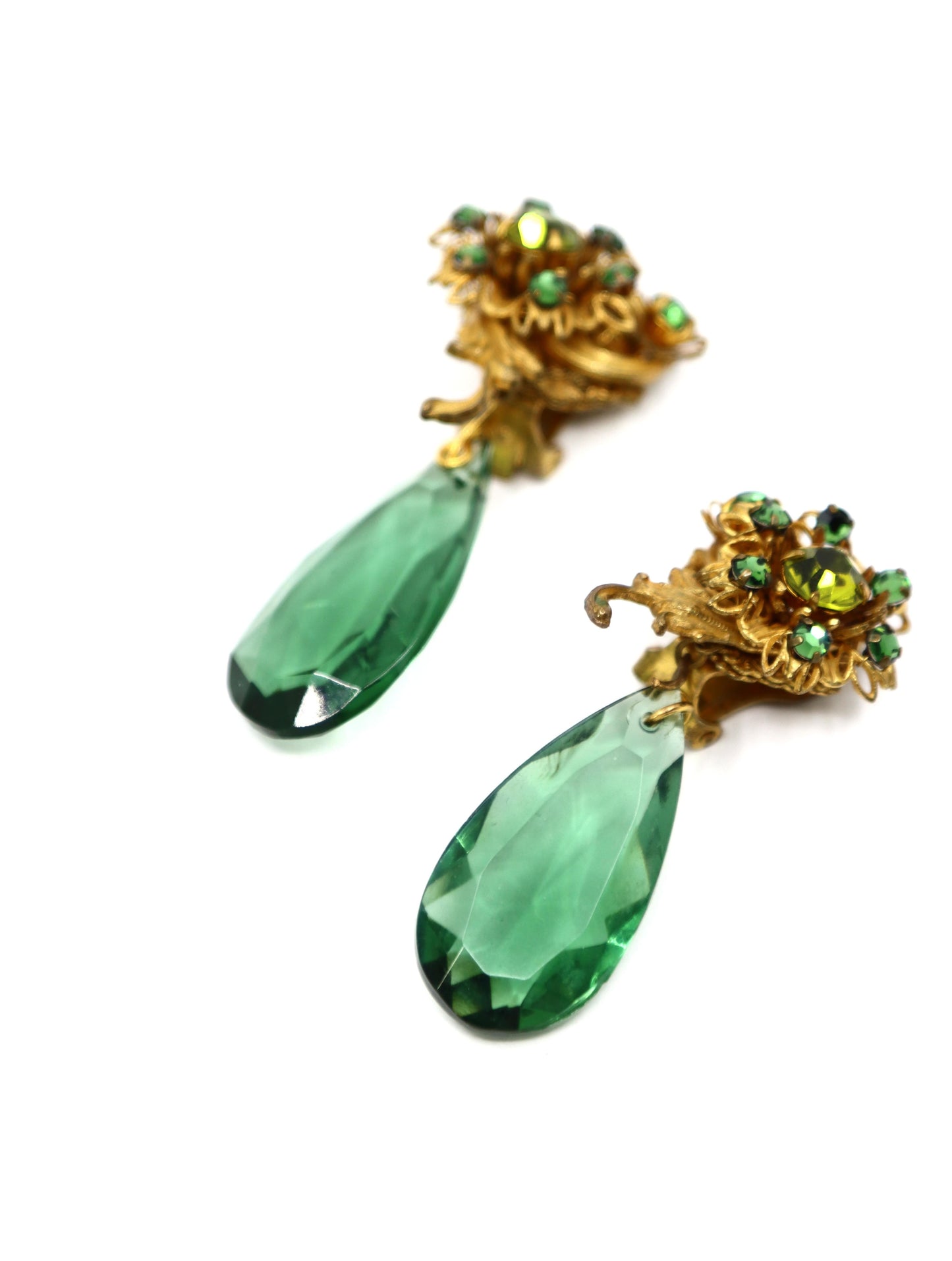 Vintage Miriam Haskell Gold Tone Rhinestone Green Crystal Earrings