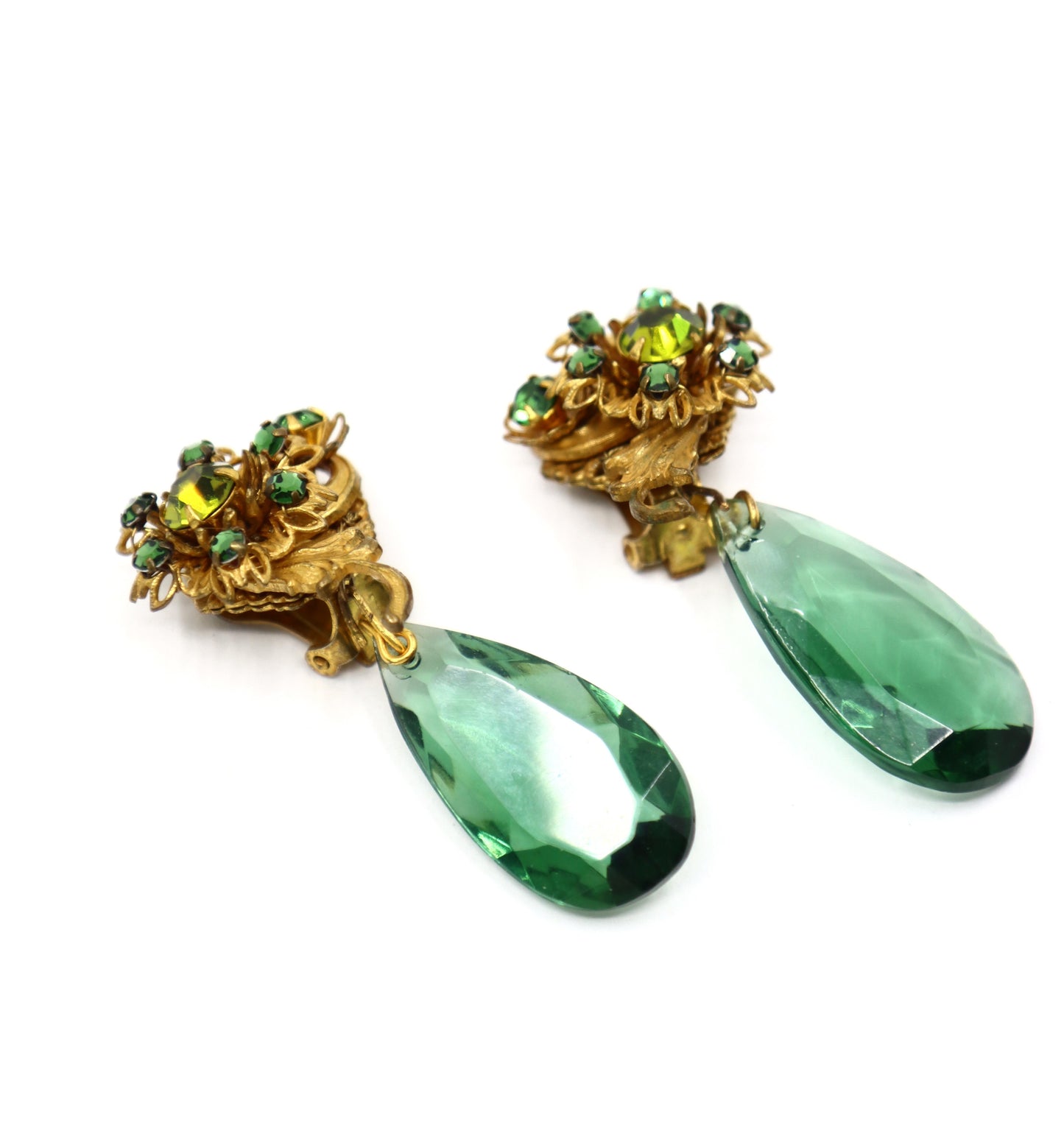 Vintage Miriam Haskell Gold Tone Rhinestone Green Crystal Earrings