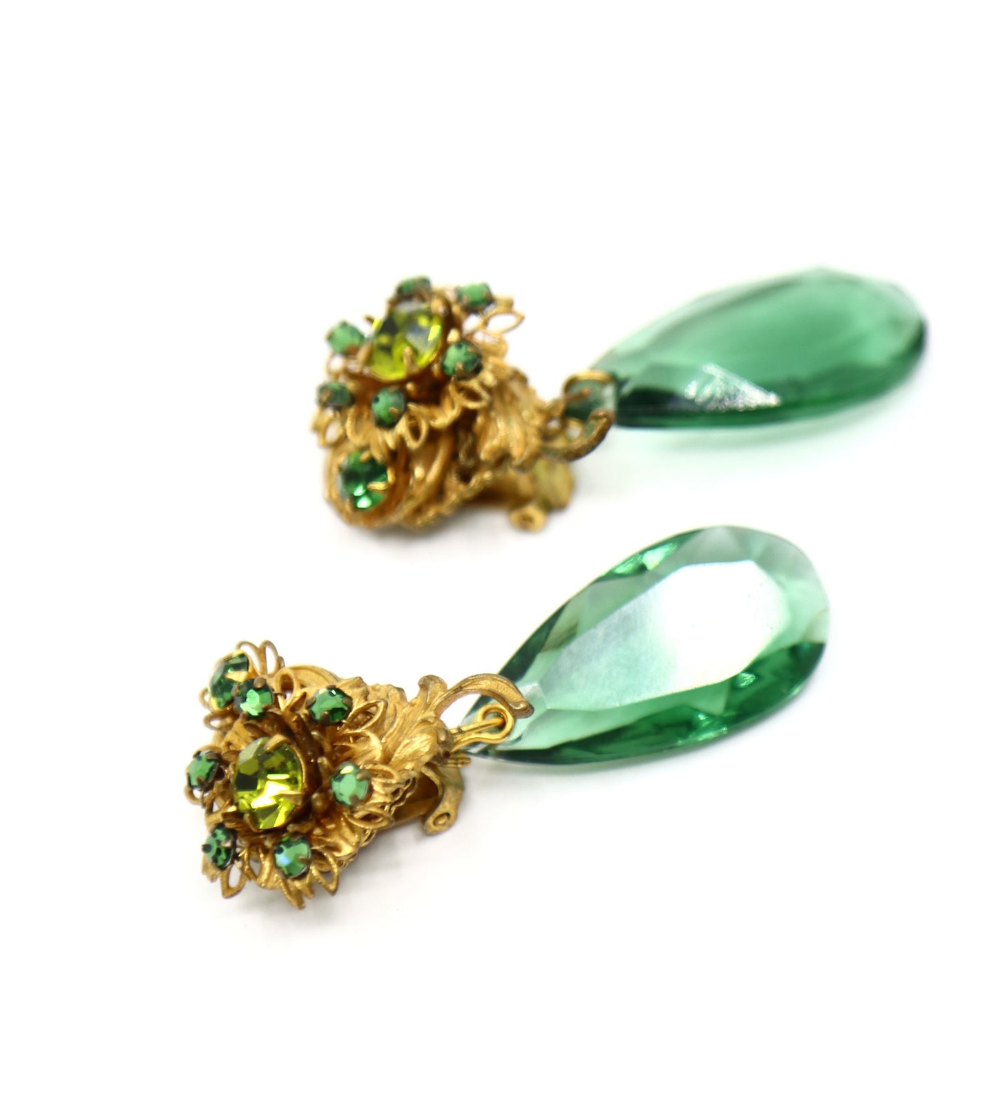 Vintage Miriam Haskell Gold Tone Rhinestone Green Crystal Earrings