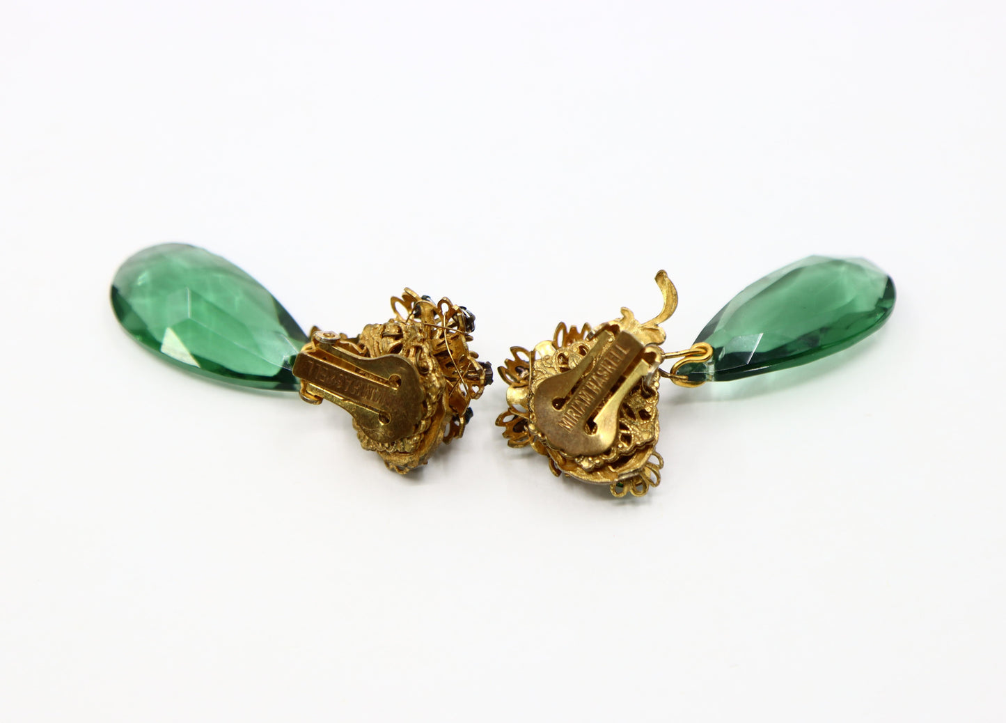 Vintage Miriam Haskell Gold Tone Rhinestone Green Crystal Earrings