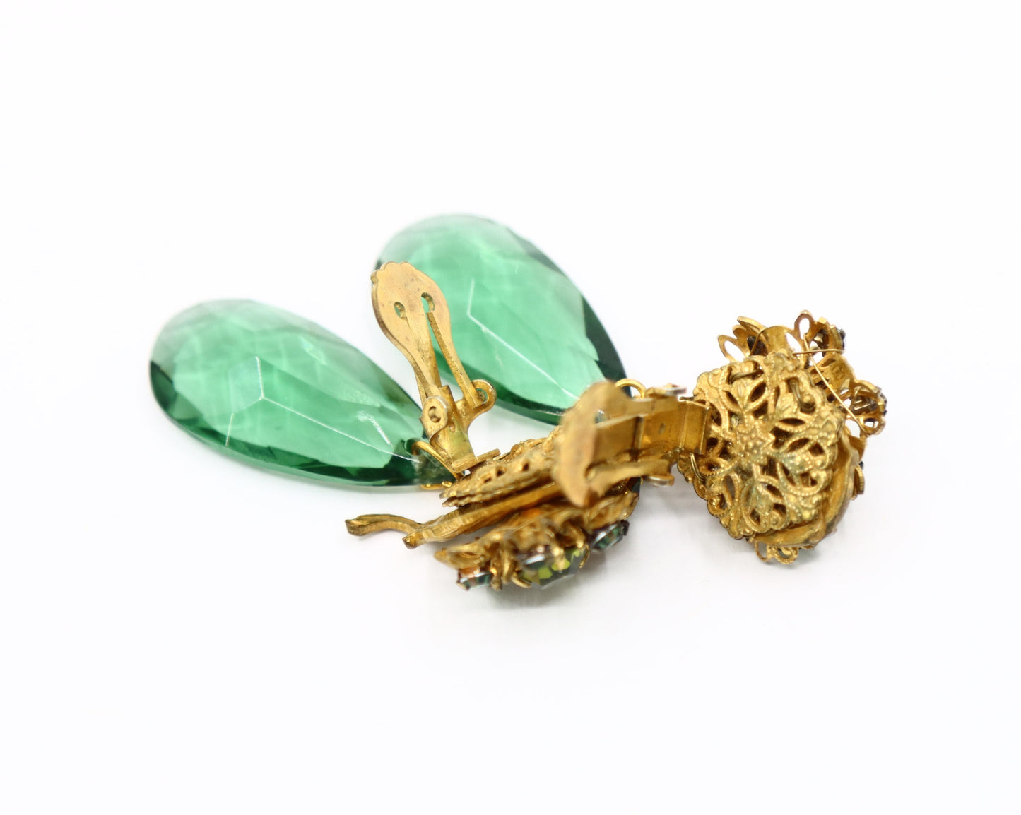 Vintage Miriam Haskell Gold Tone Rhinestone Green Crystal Earrings